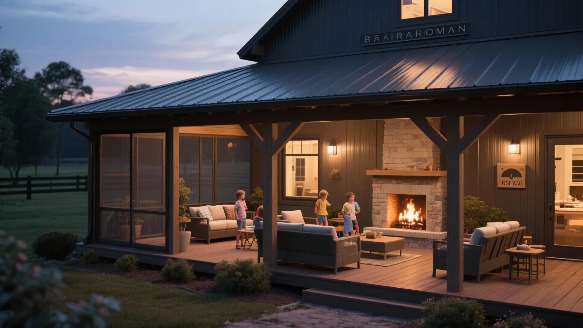 Covered porch with outdoor fireplace and seating on a barndominium