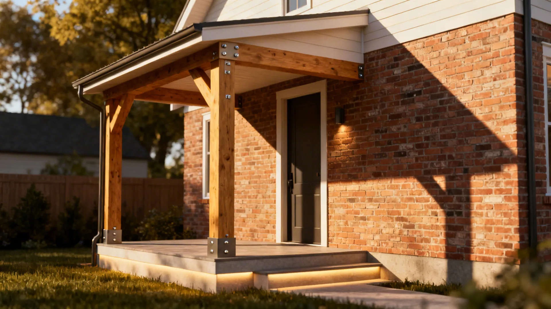 Small covered portico with exposed wooden beams on a brick house entry.