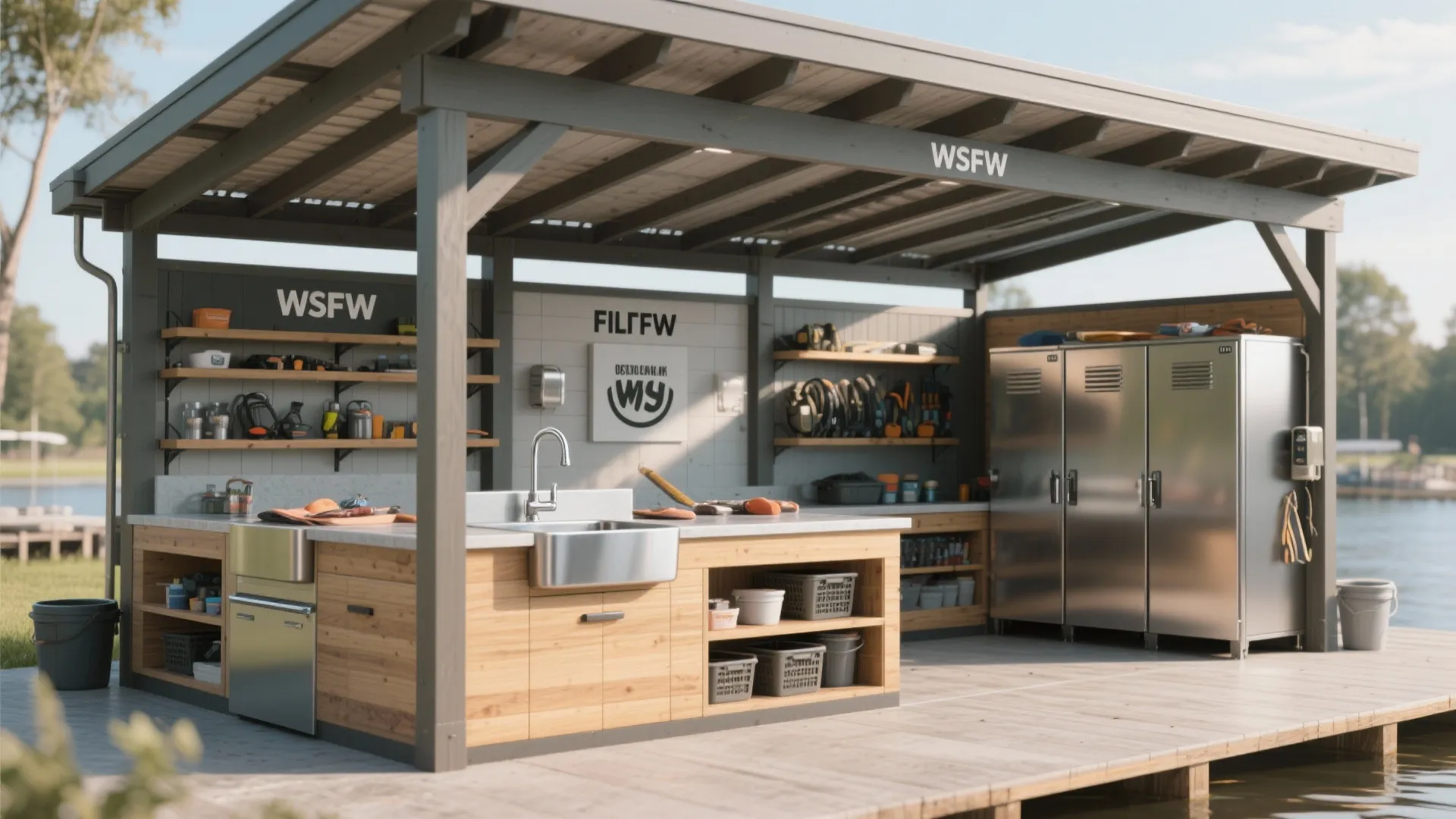 Covered outdoor fillet station showing rinse, fillet, and storage zones under a pergola.