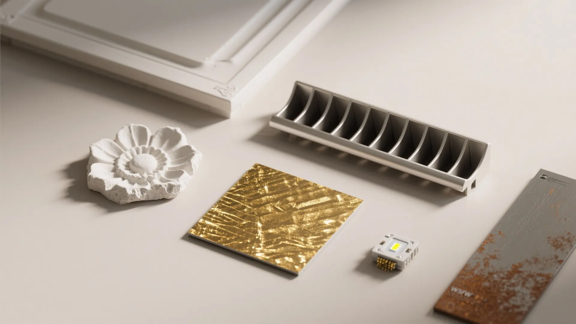 Collection of home design material samples featuring white flower wall panel gold plate and metal