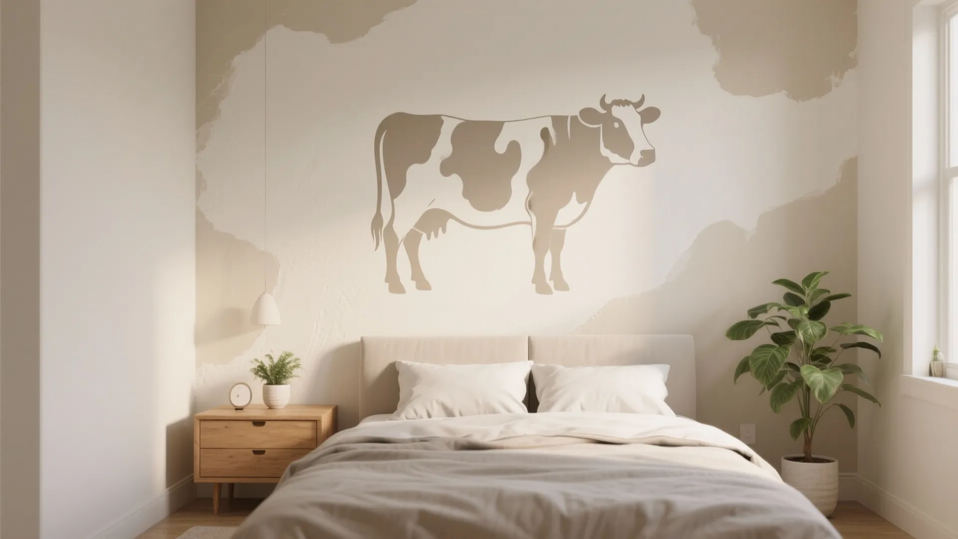Modern bedroom with cow wall decal wooden nightstand green plant white bedding and soft natural light