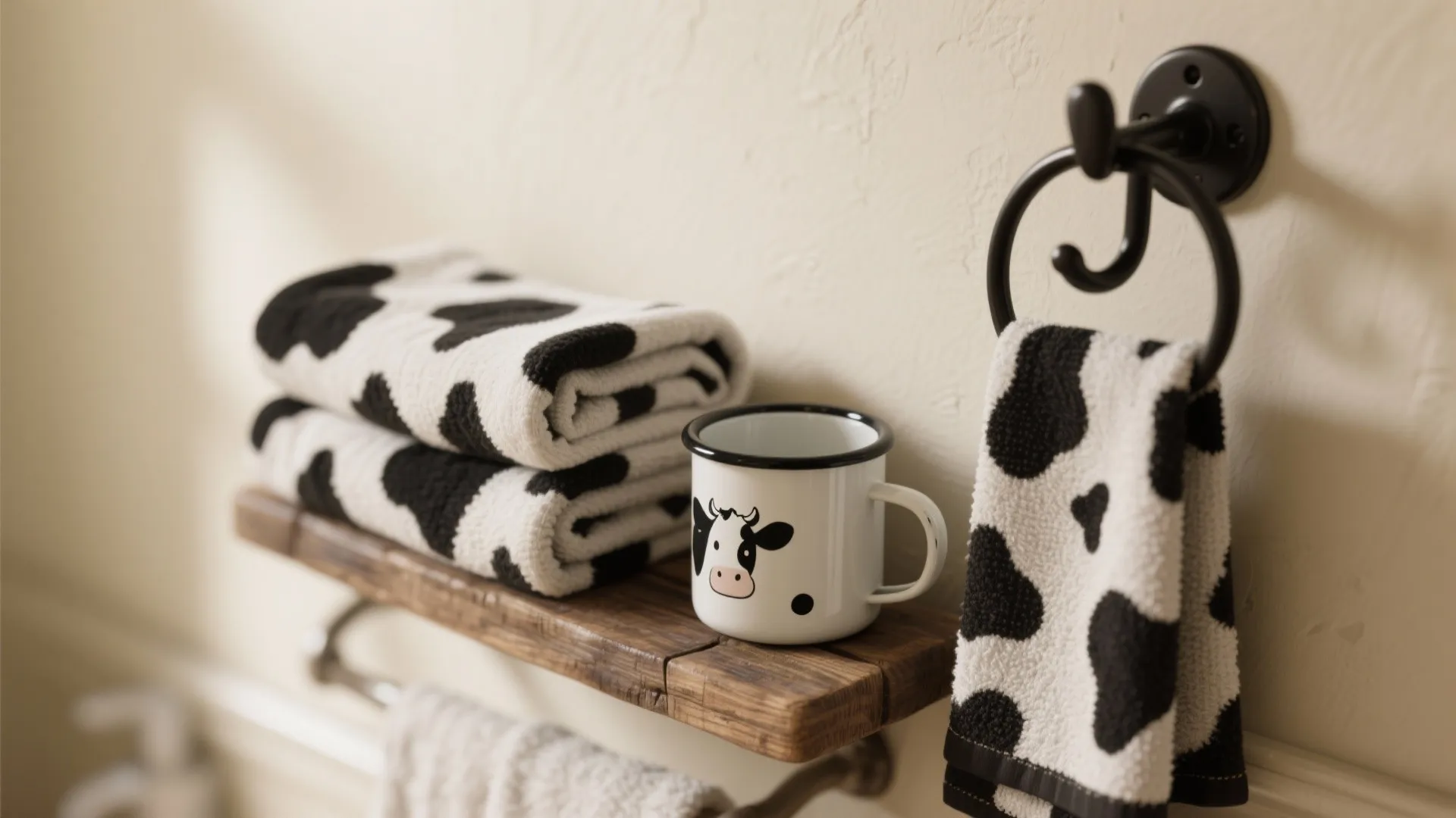 1. Subtle Cow Accents (towels, hooks, and tiny prints)