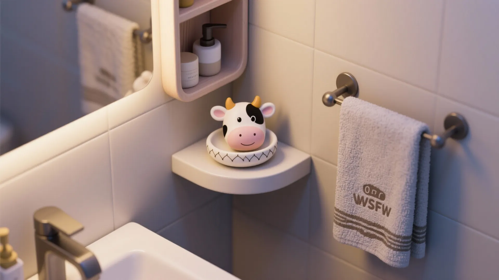 Playful highland cow-themed accessories on a floating vanity with wall-mounted storage in a compact bathroom.
