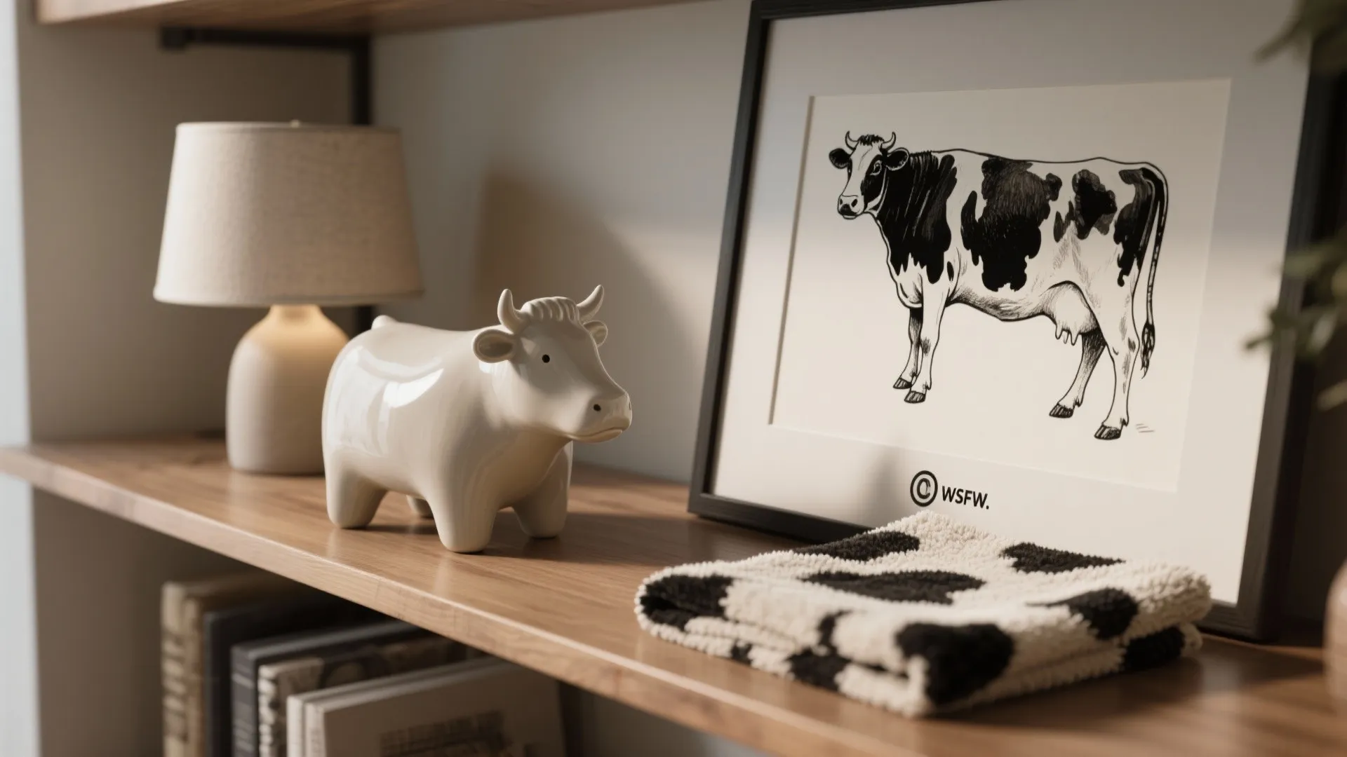 Wooden shelf displaying cow ceramic figure cow art frame small table lamp and patterned textile