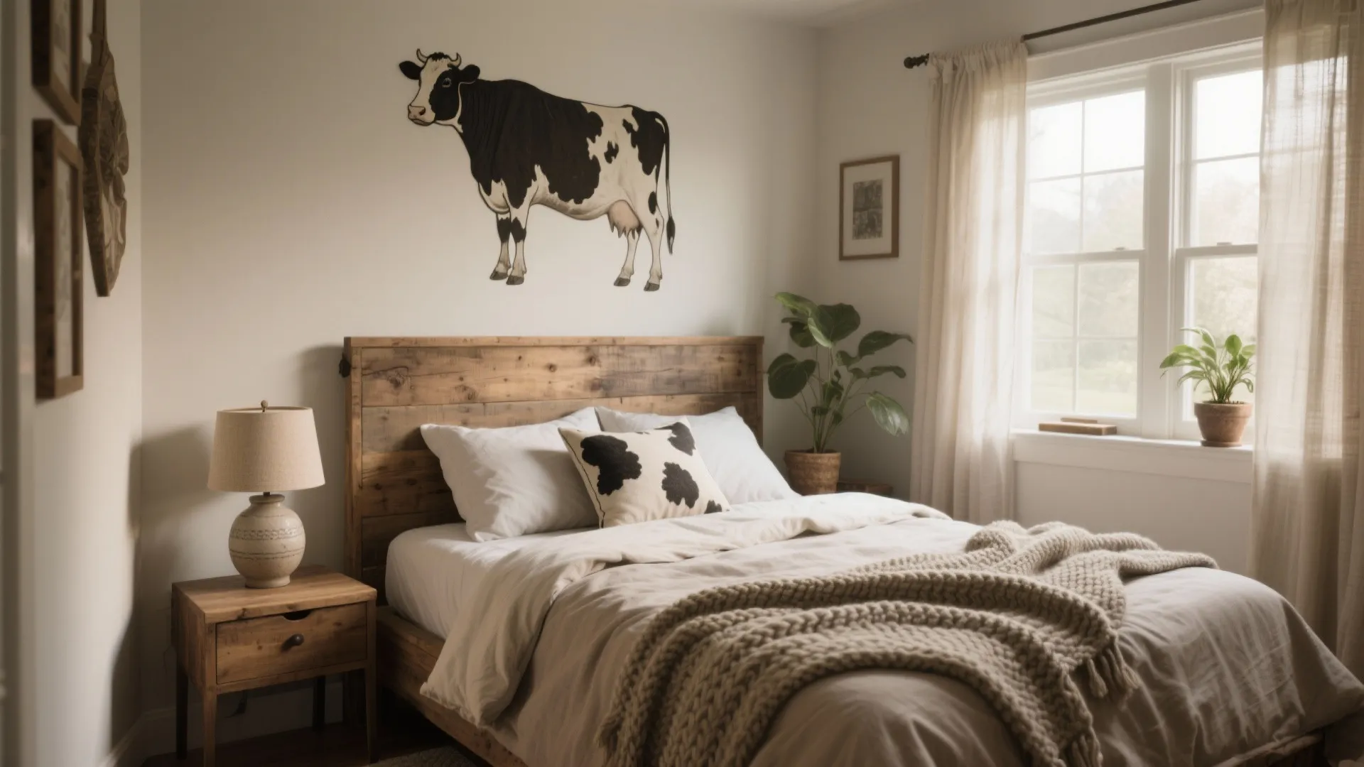 Rustic bedroom featuring wooden bed frame cow wall art patterned pillow table lamp and white curtains