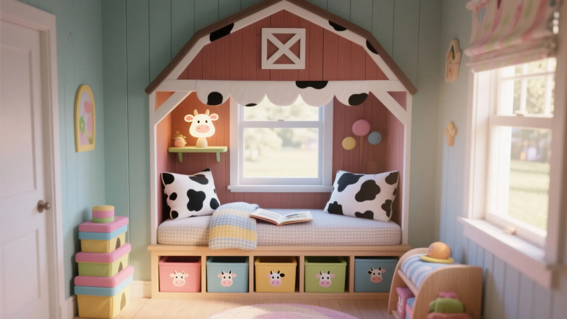 Kids reading nook with barn house frame cow pillows storage bins window light and soft rug