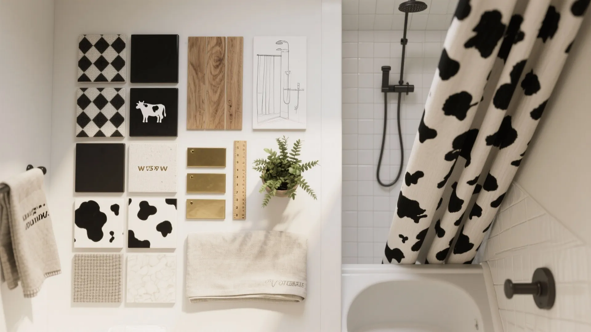 Bathroom moodboard with cow print tiles wood samples green plant ruler and black white curtain