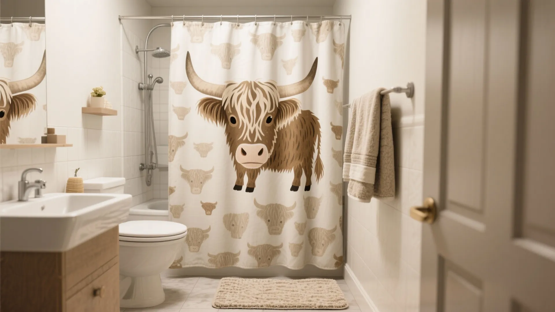 Bathroom with a patterned highland cow shower curtain, coordinated towels and textured bath mat under soft daylight.