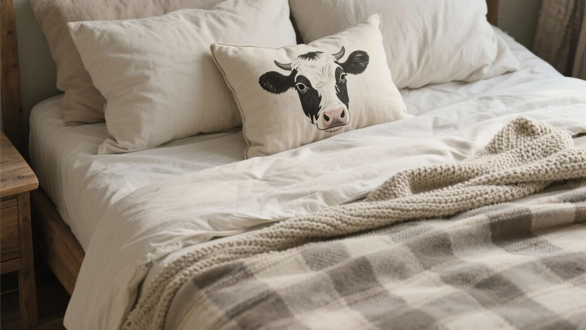 Cozy white bed with cow print pillow grey knitted blanket and neutral colored bedding set