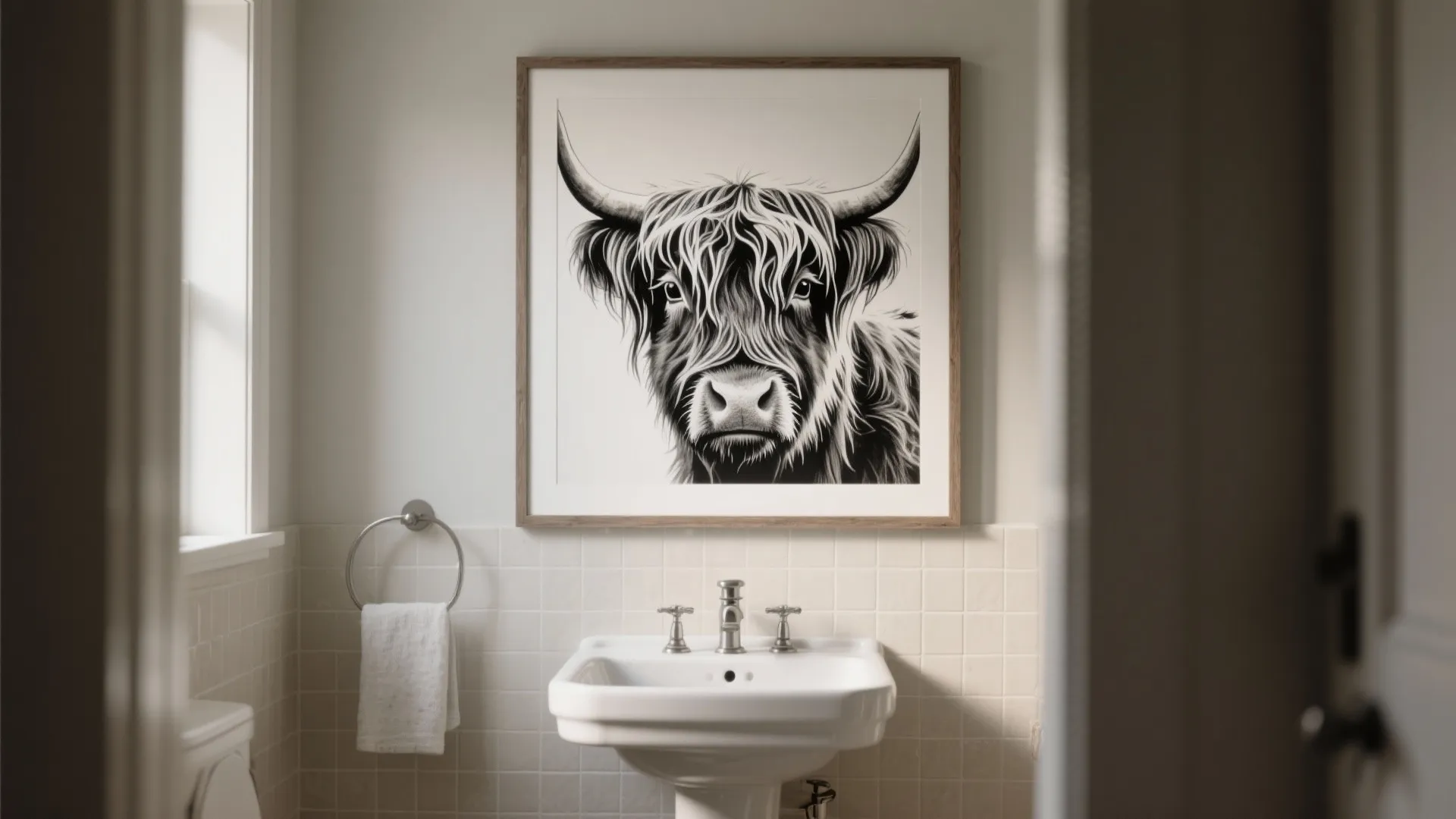 Powder room with a single large framed highland cow print above the sink, neutral tiles and minimal decor.