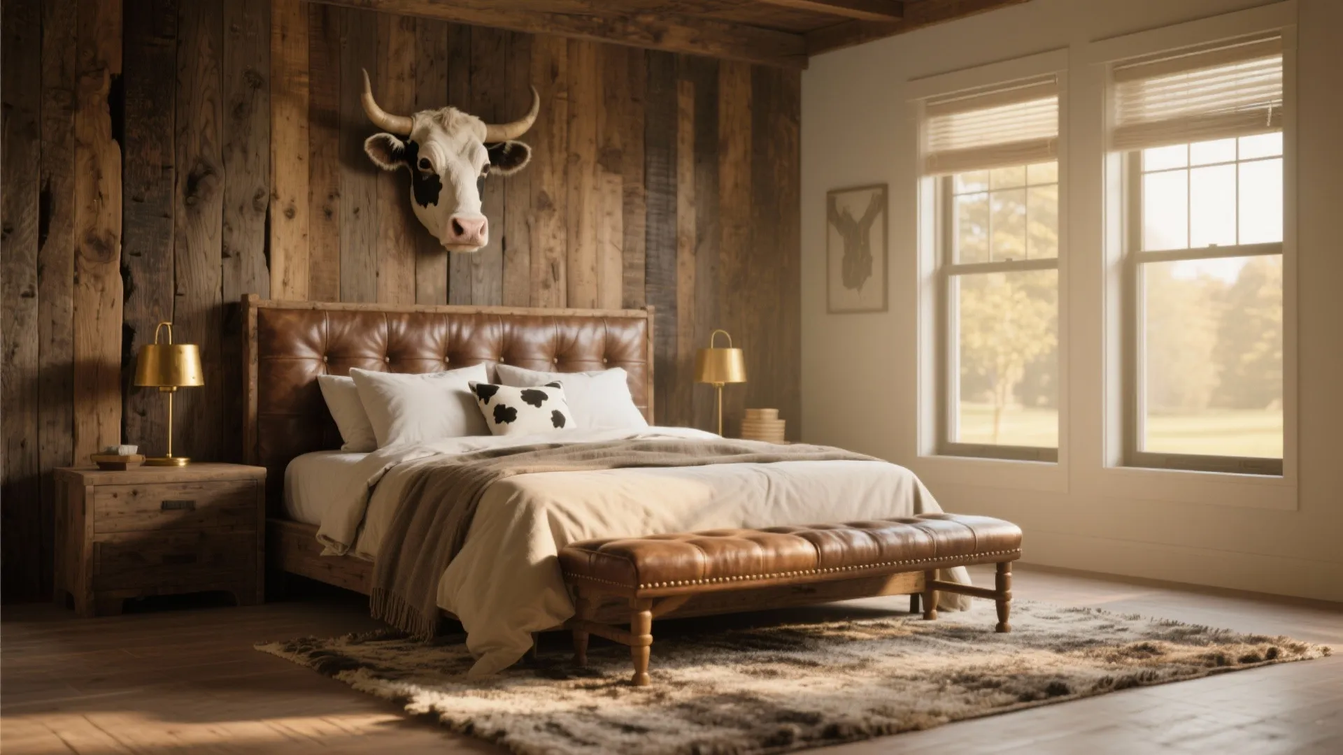 Rustic bedroom featuring wood panel wall leather bed brown footrest gold lamp and cow decor