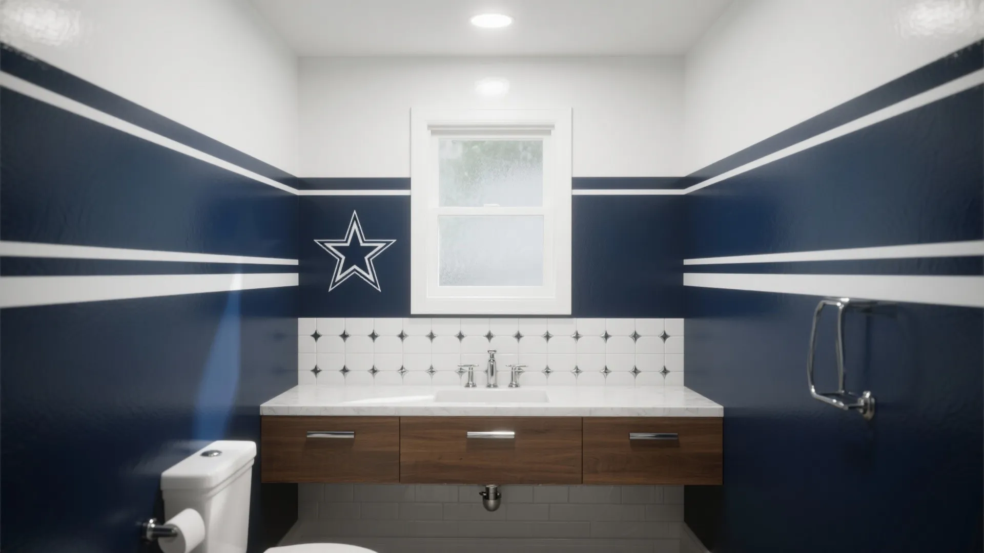 Modern bathroom with navy blue striped walls wood cabinet white sink and a small window