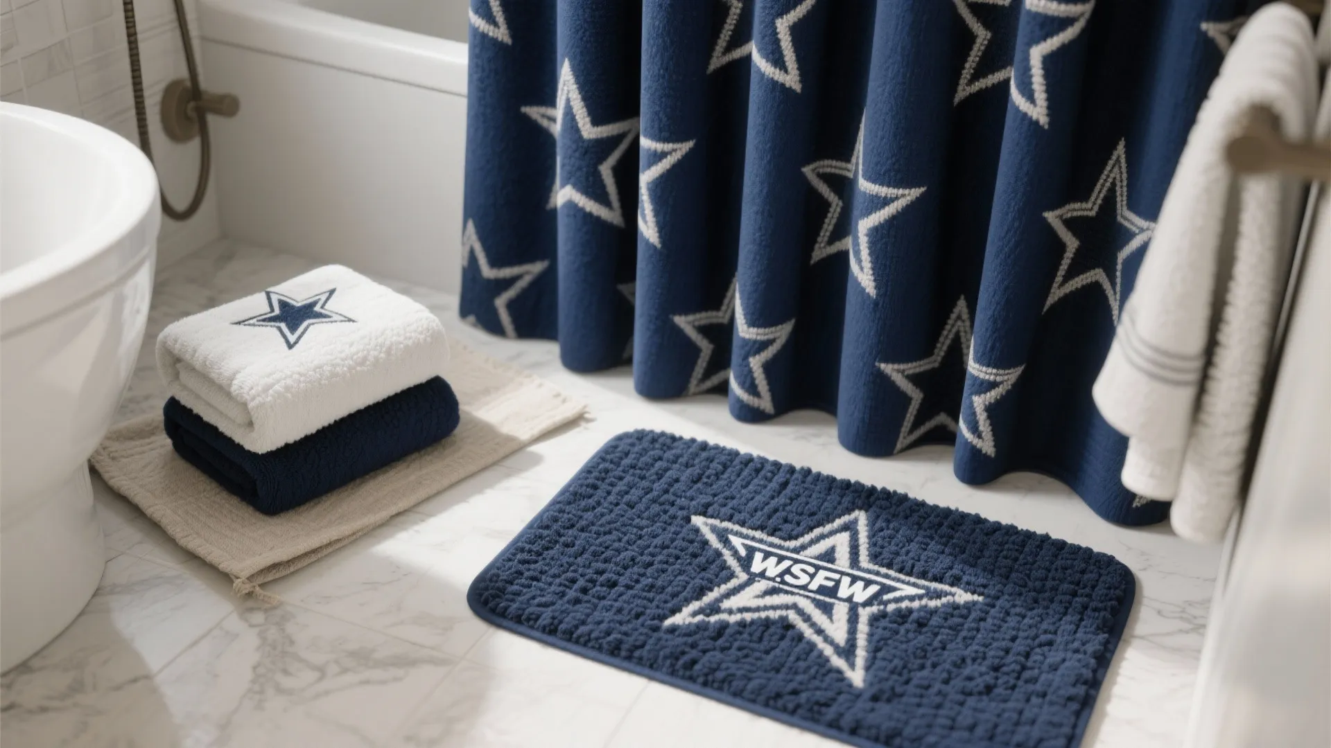 Navy blue bathroom accessories featuring star patterns on bath mat folded towels and shower curtain