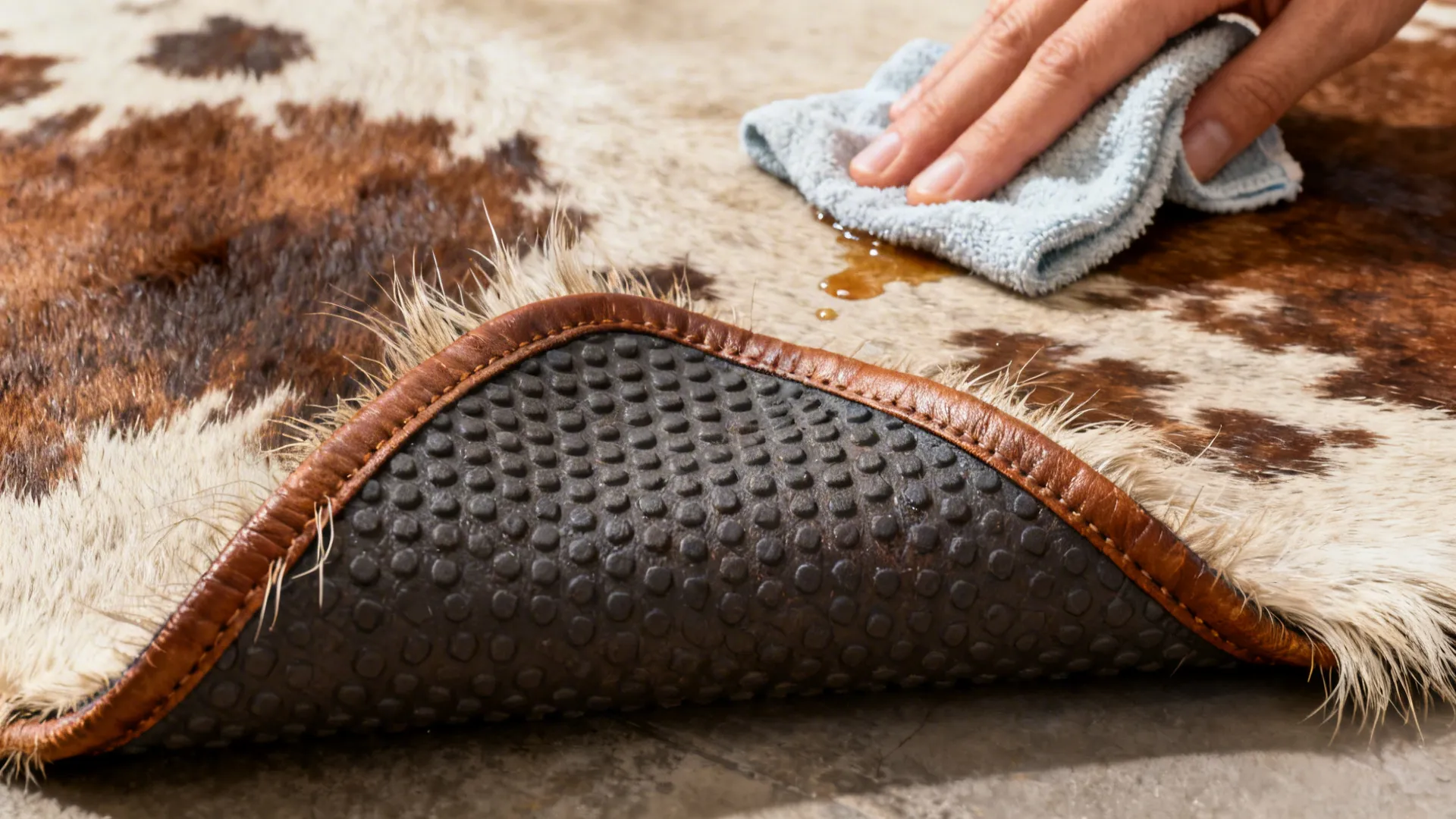 Macro detail of cowhide texture, non-slip pad edge and a damp cloth used for spot cleaning.