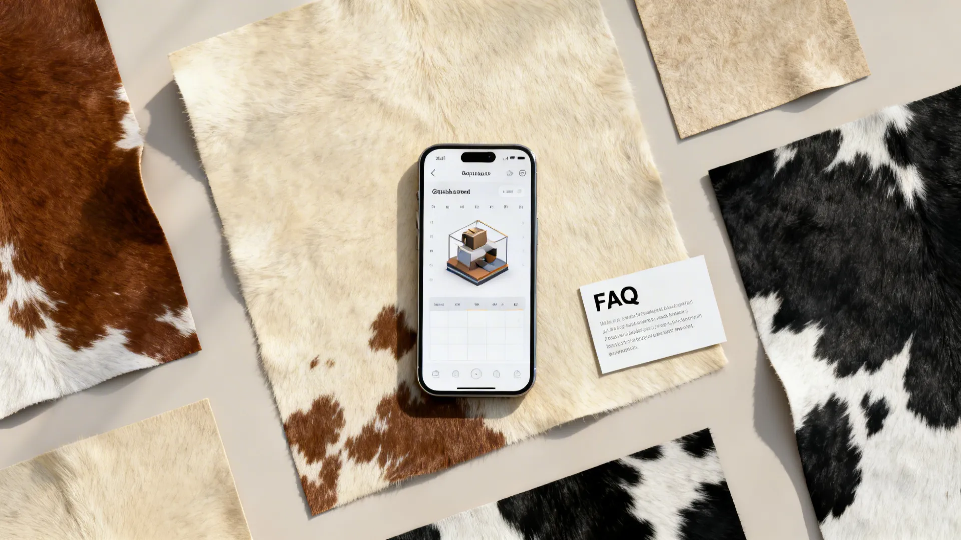 Flatlay of cowhide samples, an FAQ card, and a smartphone showing a 3D planner for scale testing.