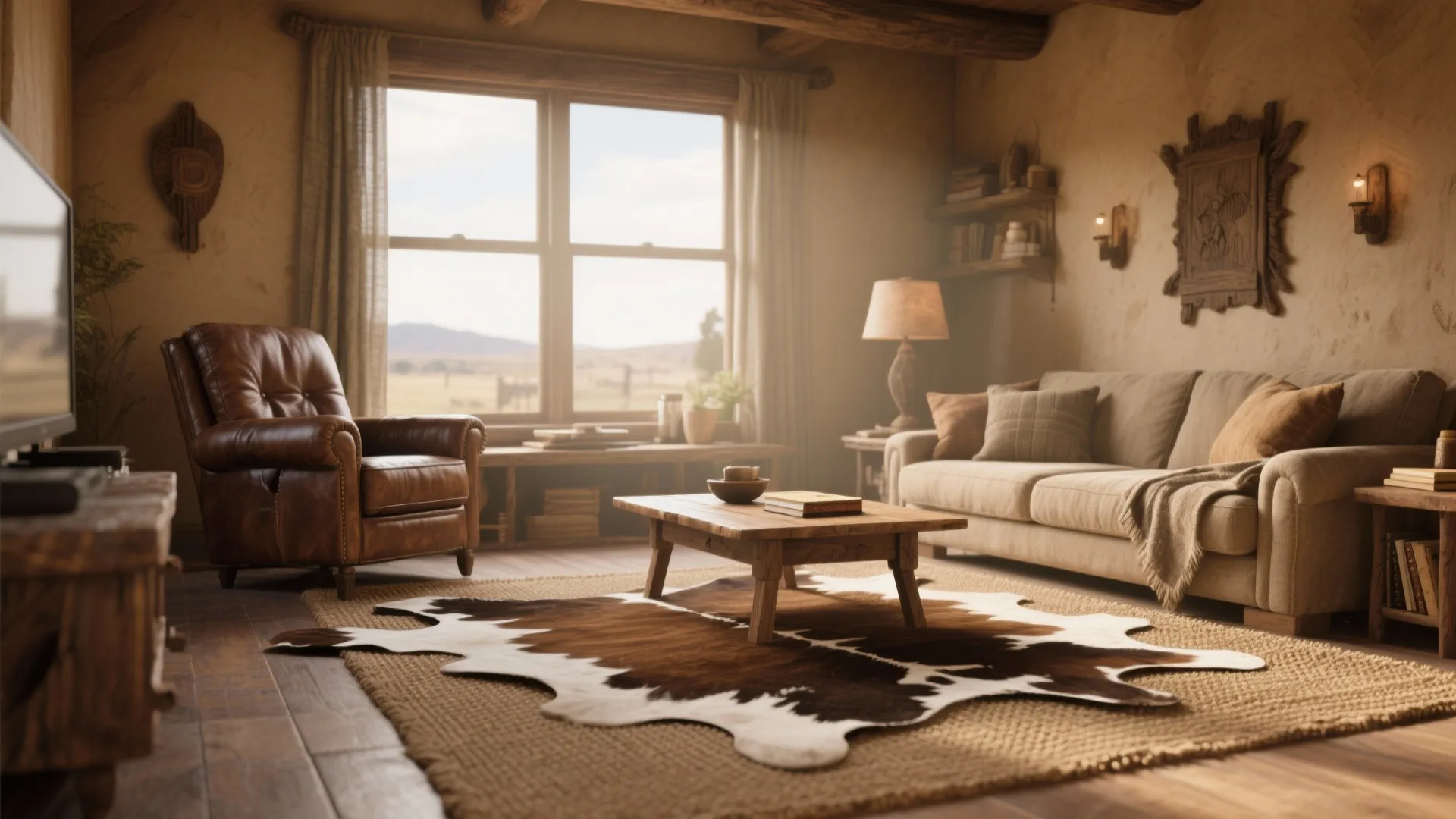 Cozy Western reading nook with layered cowhide rug and jute mat