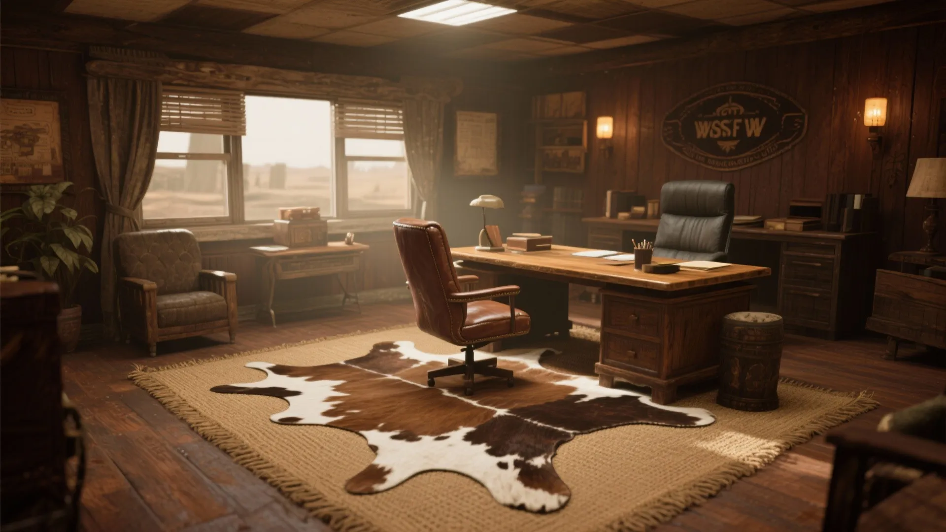 Rustic home office with wooden desk leather chair cowhide rug over jute rug and walls