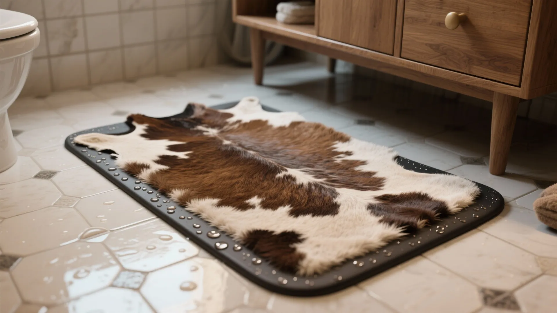 Brown and white animal skin rug on a black mat inside a bright modern bathroom
