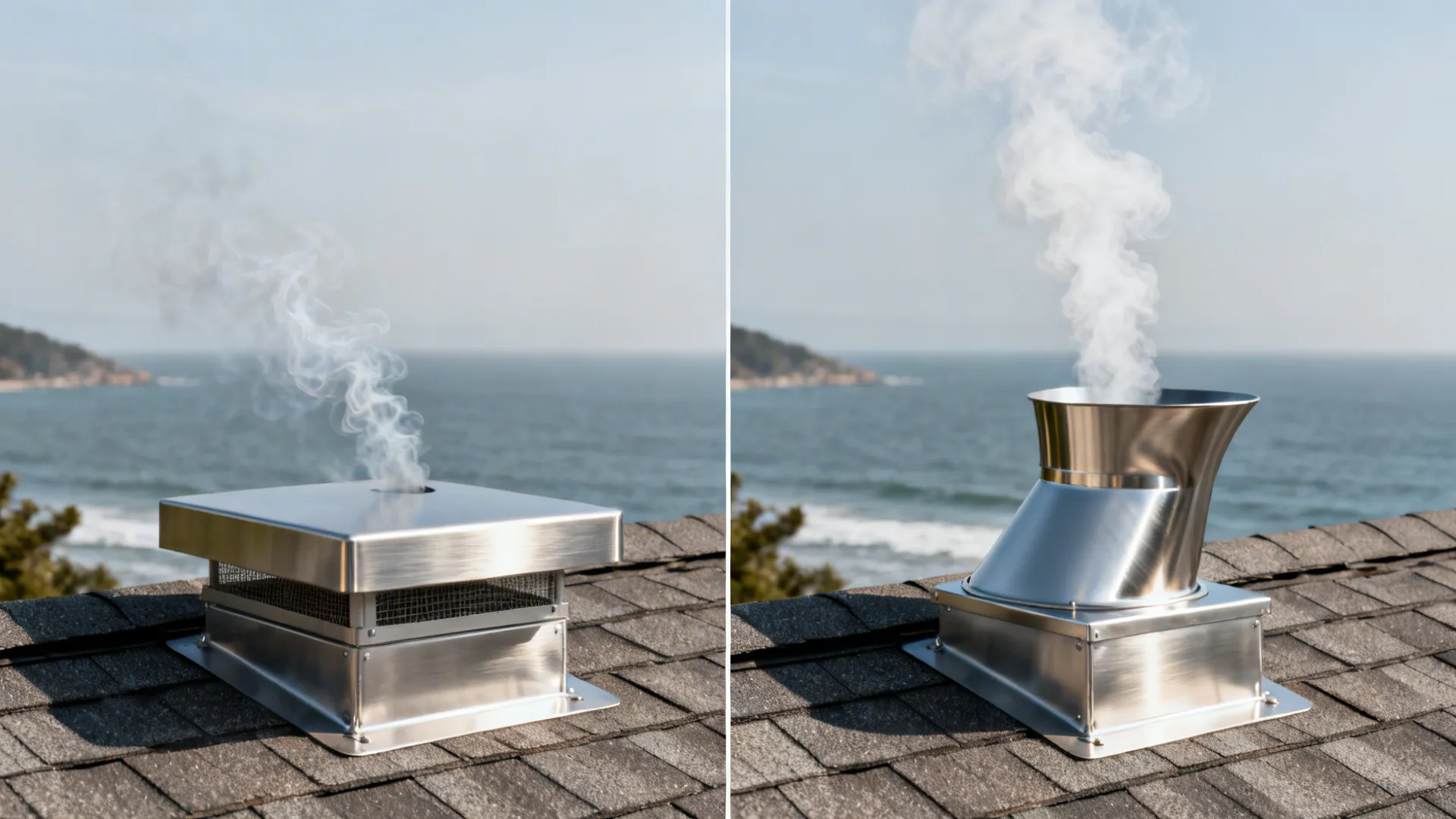 Wind-assisted cowl and chimney cap geometry