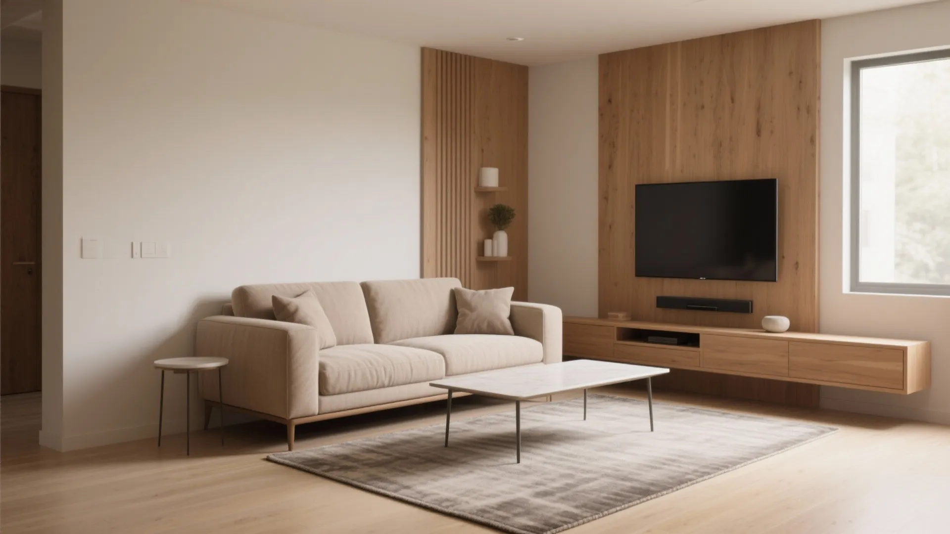Minimalist living room featuring beige sofa marble coffee table wall mounted television and wooden wall paneling