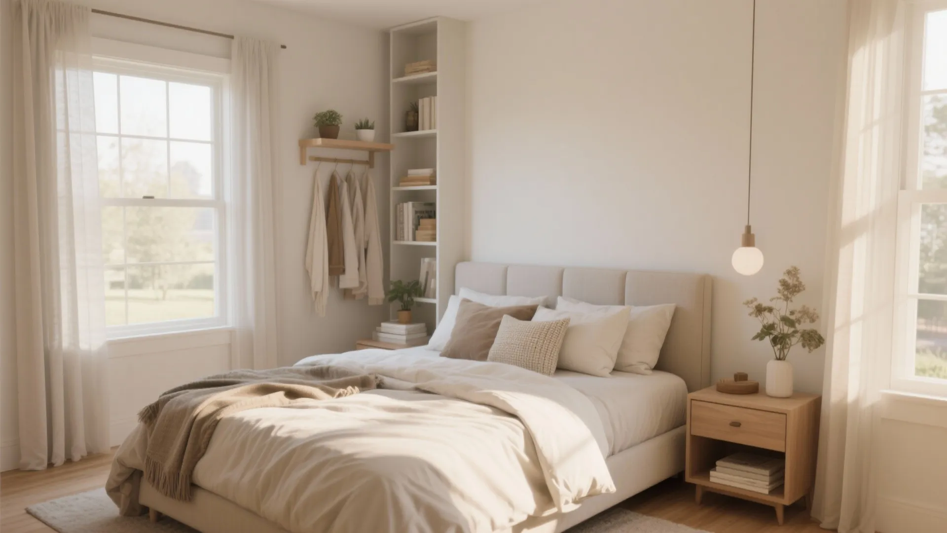 Cozy bedroom with white walls wooden shelf tall bookshelf light bedding and a ceiling light