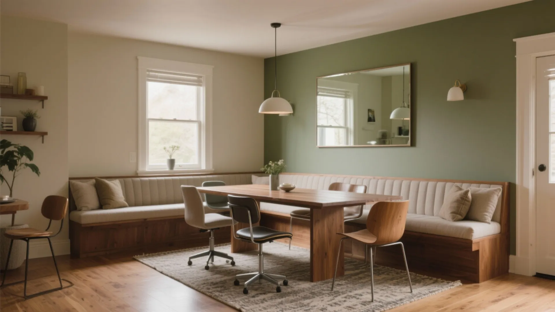 Dining room with wood table long bench seating green accent wall mirror and white ceiling light