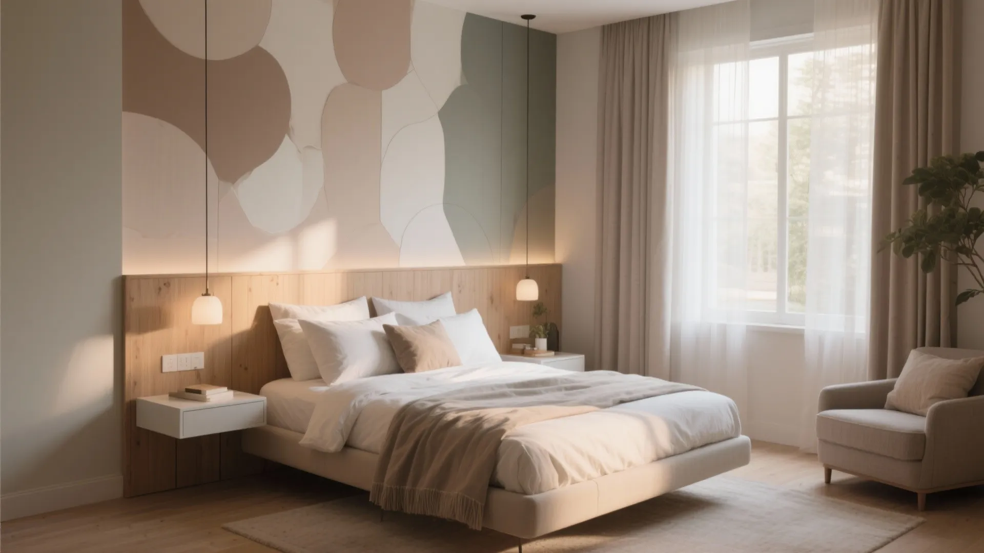 Modern bedroom with abstract wall art, wooden wall panel, white bed, chair, and large window