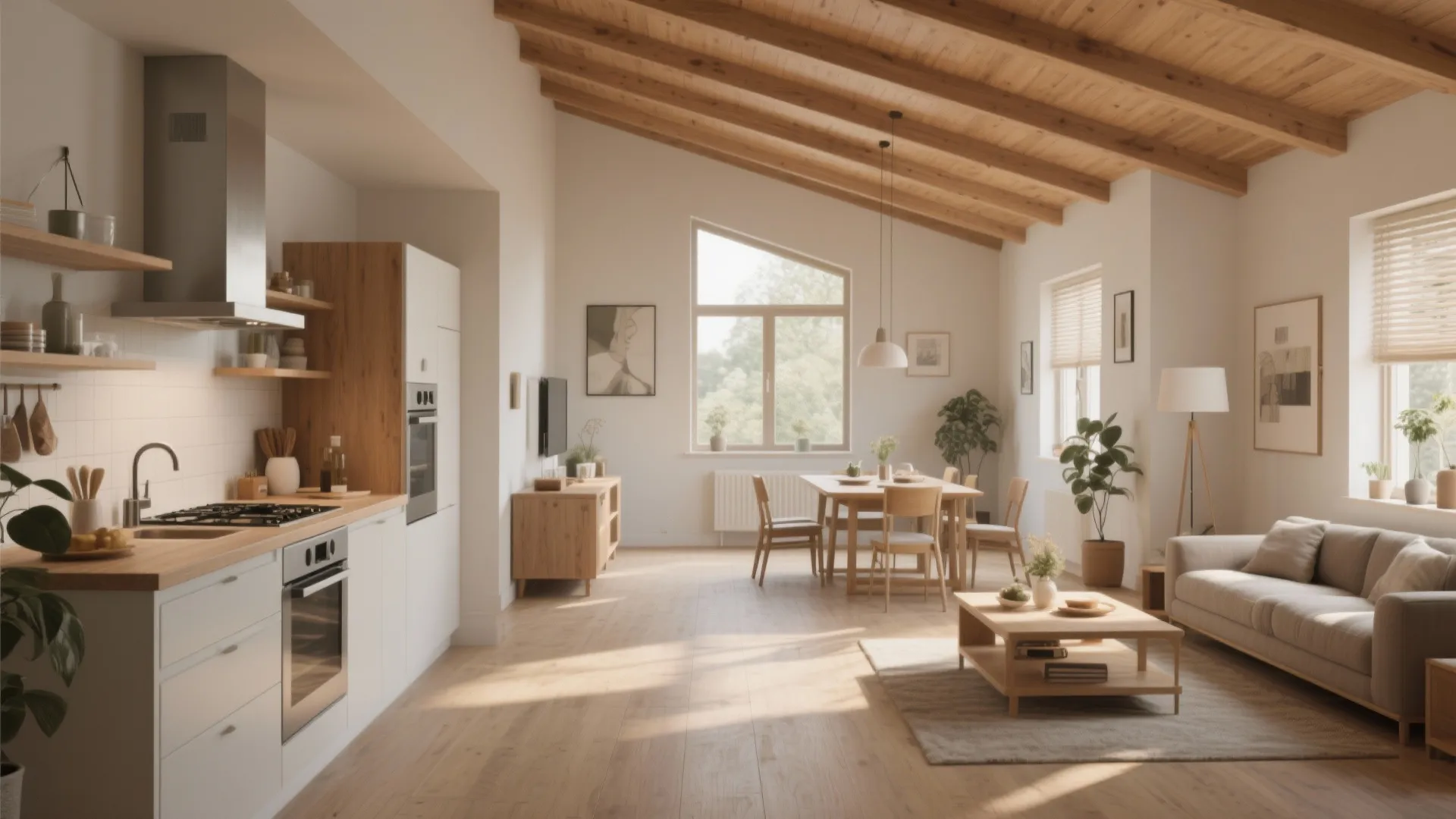 Open living area featuring wood ceiling beams and kitchen next to dining table and sofa