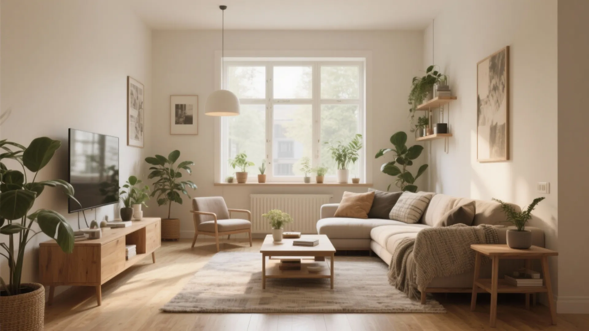 Cozy living room with cream sofa wood coffee table many green plants and white ceiling light