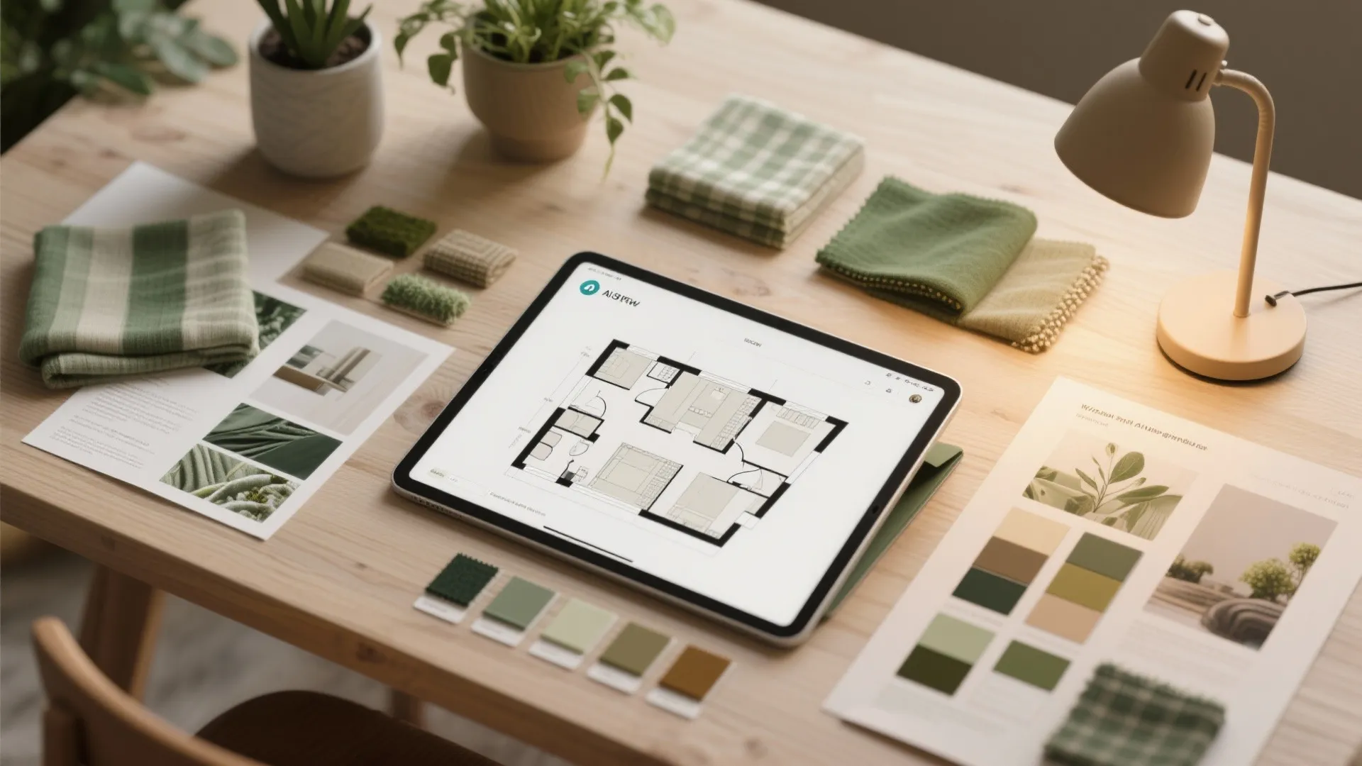 Flatlay of an AI-assisted layout concept with a tablet floor plan, mood board and material swatches.