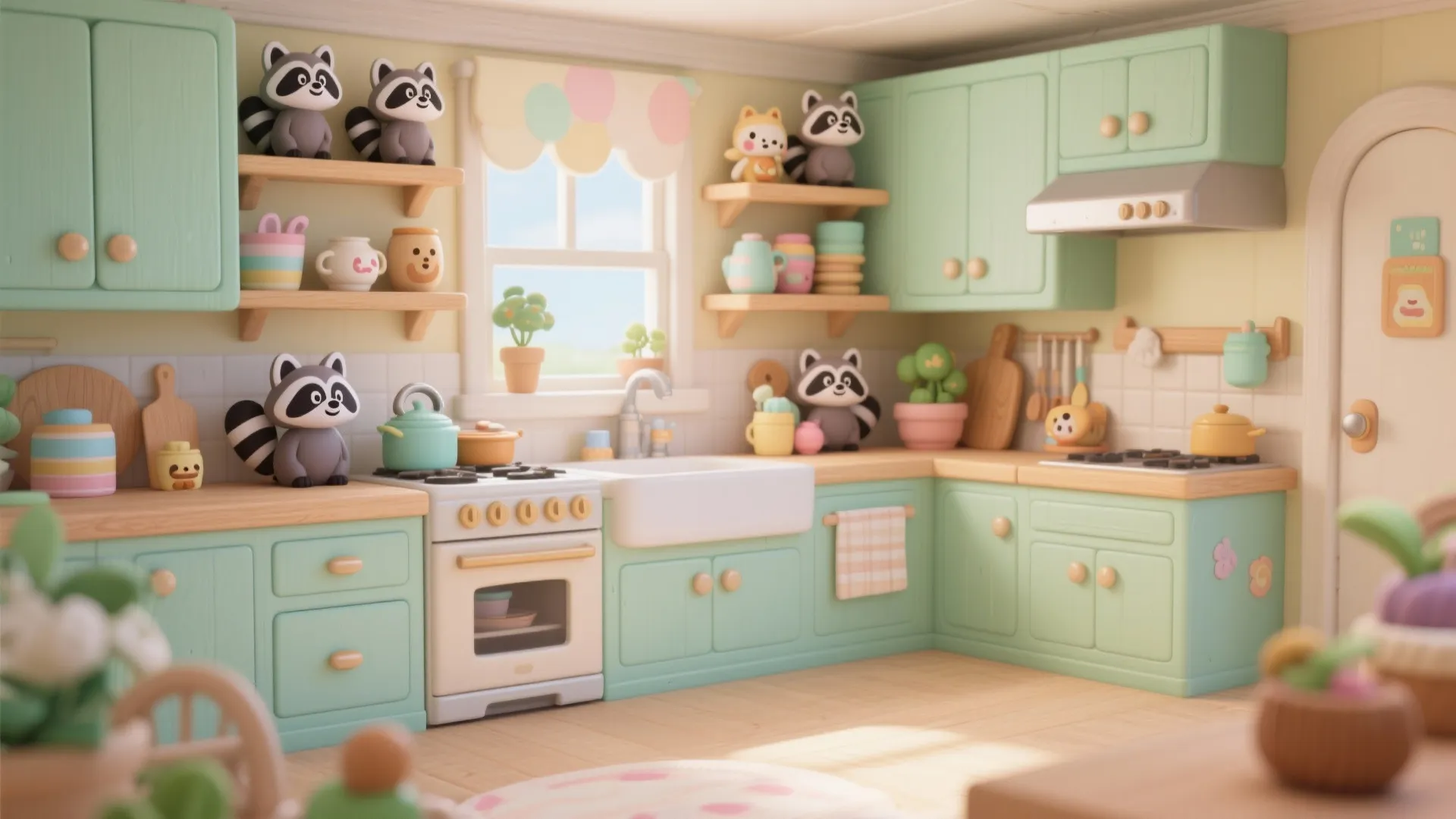 Cute toy style kitchen with green cabinets white stove animal figures on shelves and window curtain