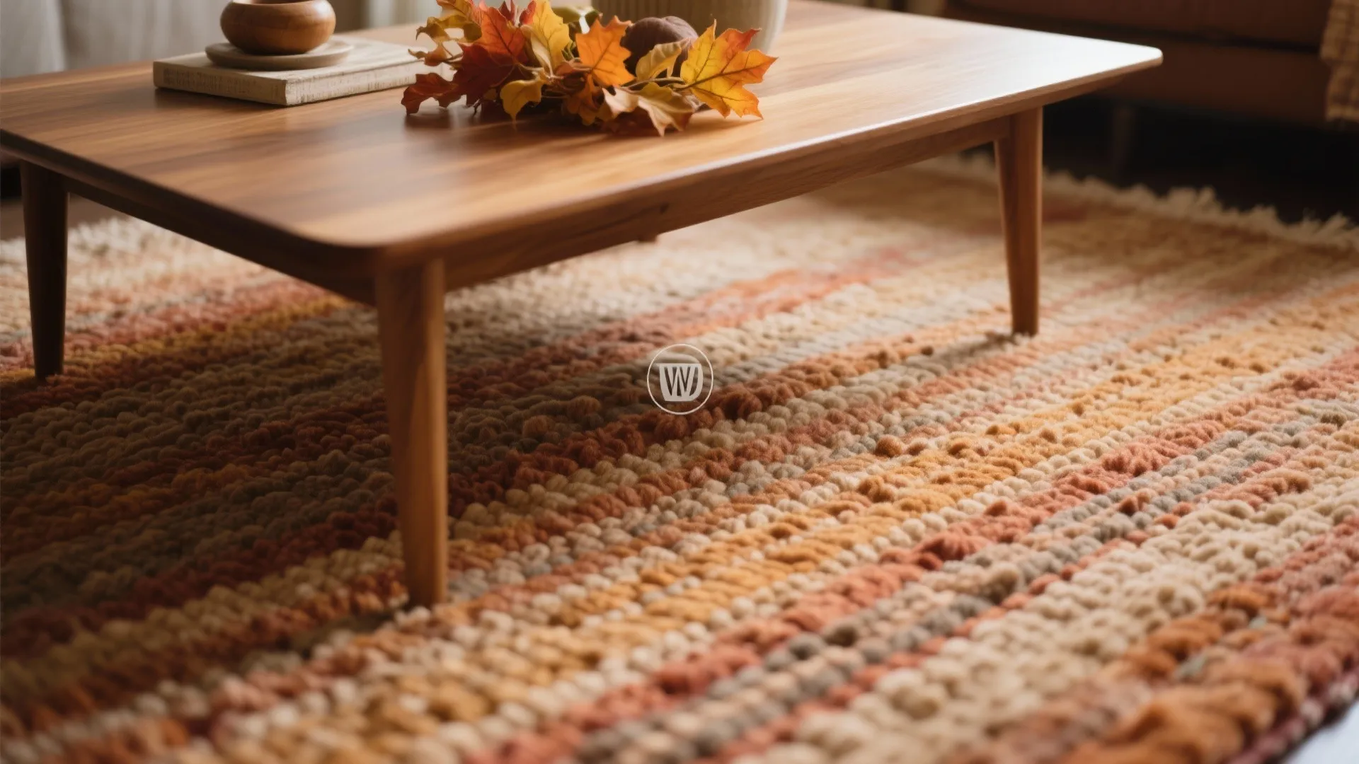Striped brown and orange area rug under a wooden coffee table with autumn leaves decoration