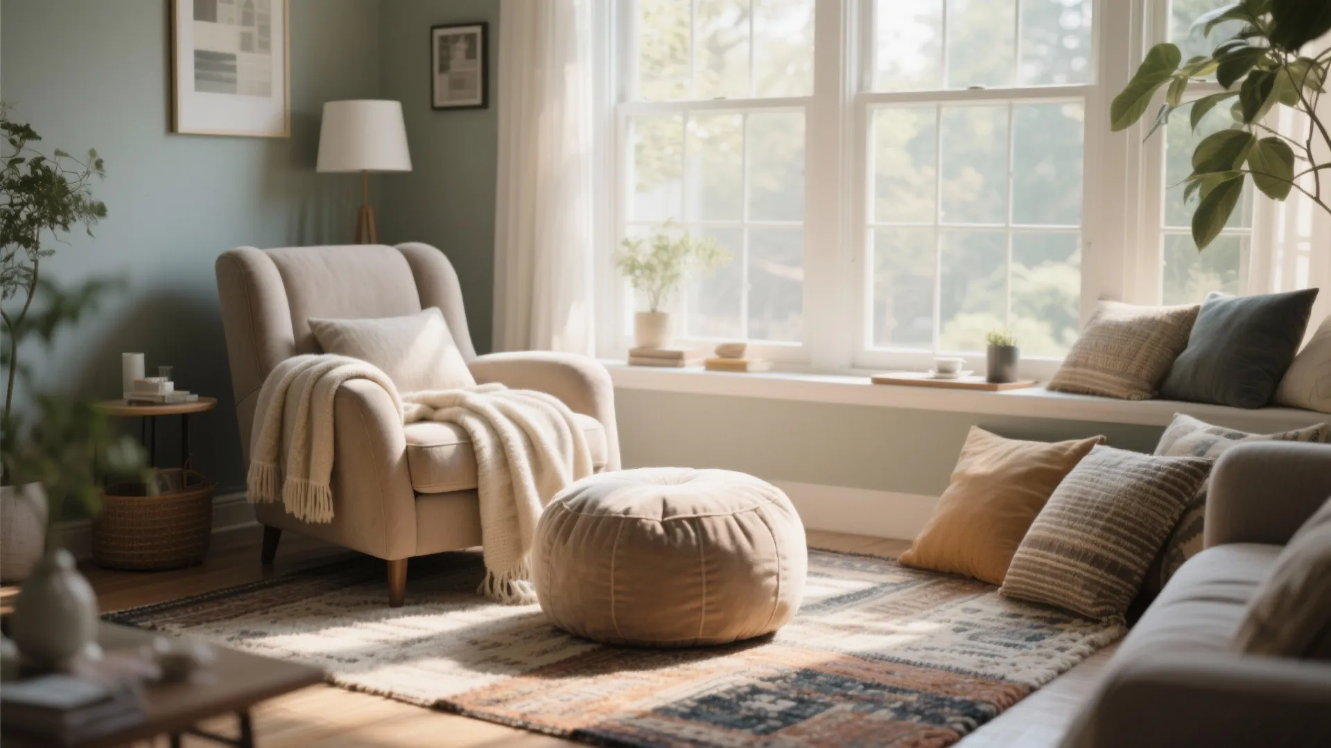 Sunlit living room featuring beige sofa and round footrest with large window and patterned rug