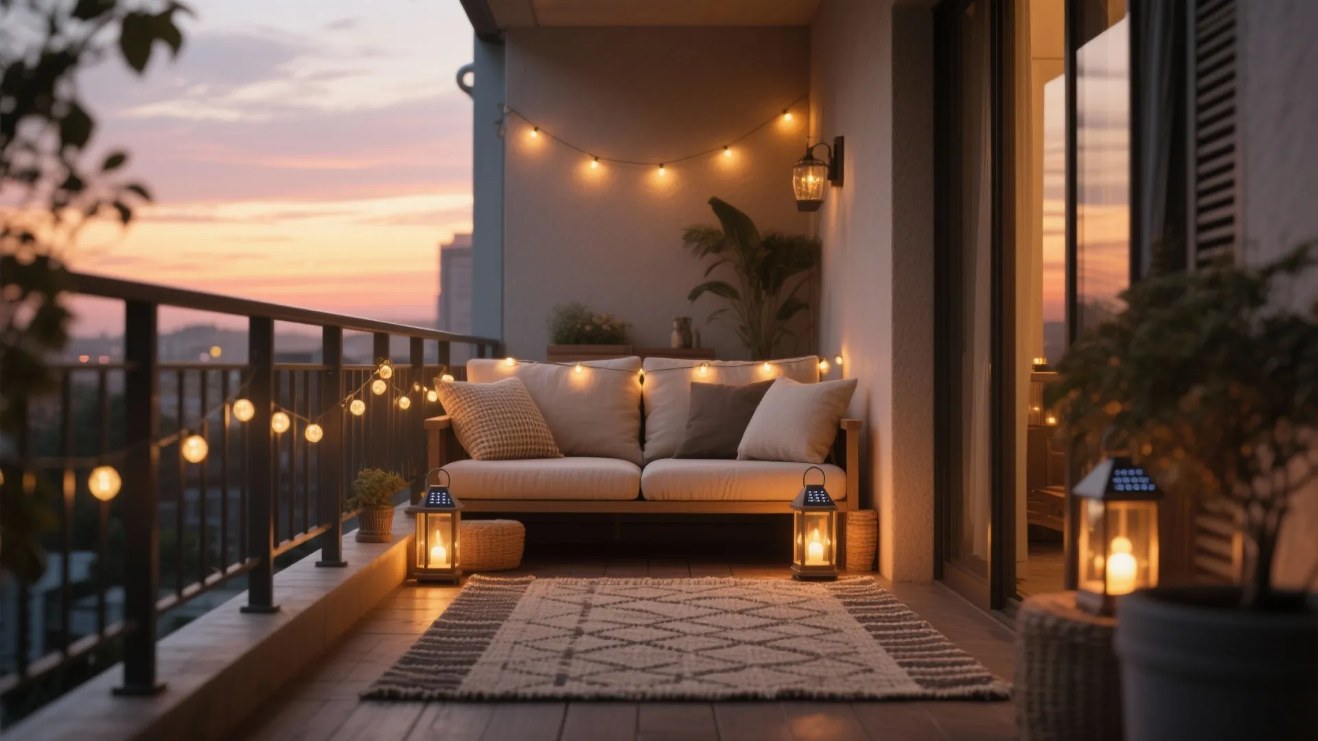 Textural layers: outdoor rugs, cushions, and lighting