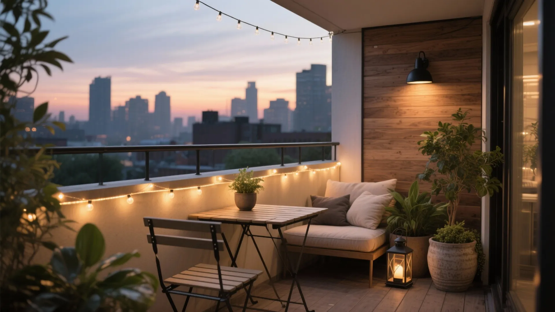 Cozy balcony at sunset with string lights wooden wall panel small table chair and potted plants