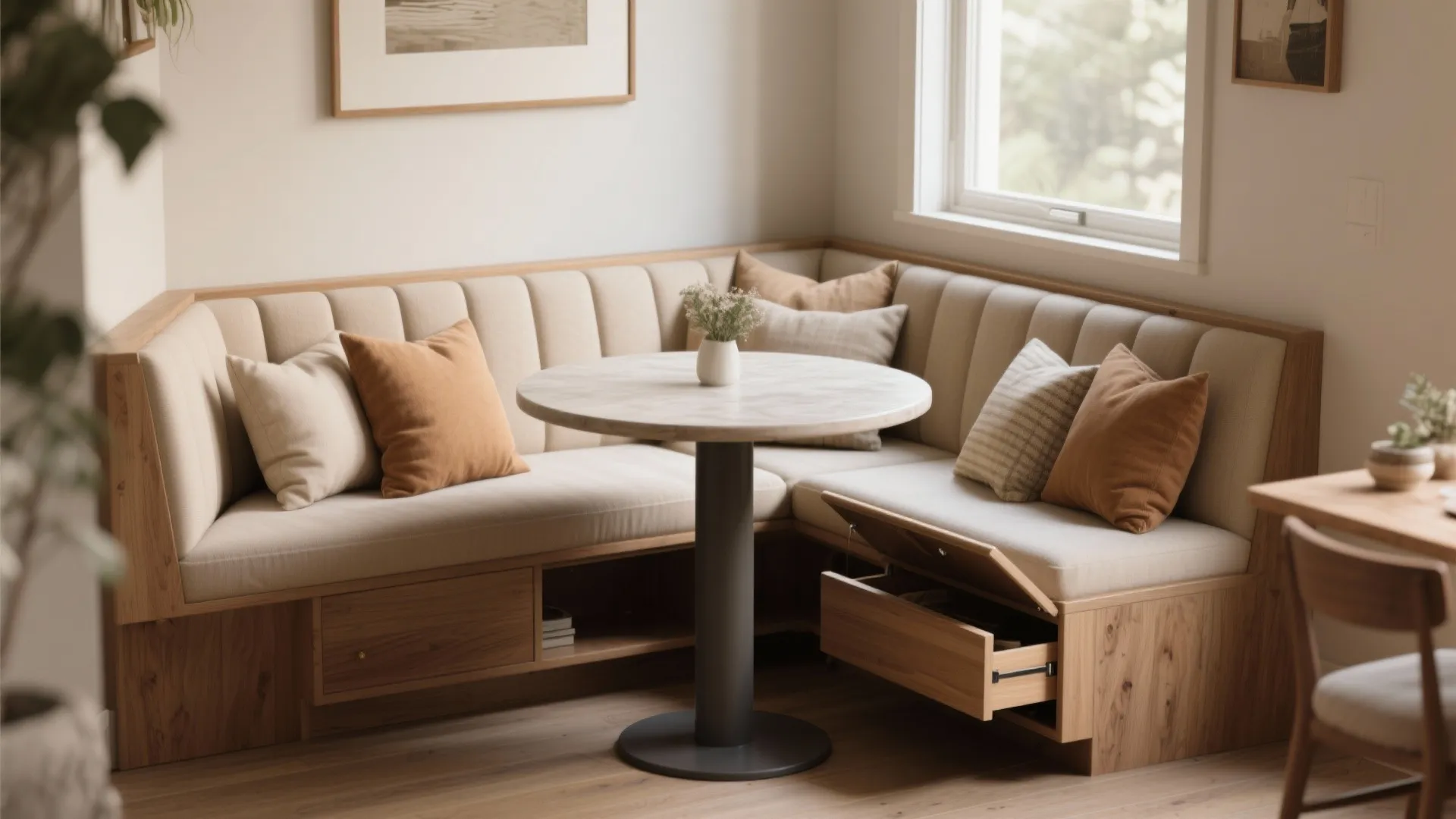 2. Cozy Banquette: Bench Seating with Throw Pillows