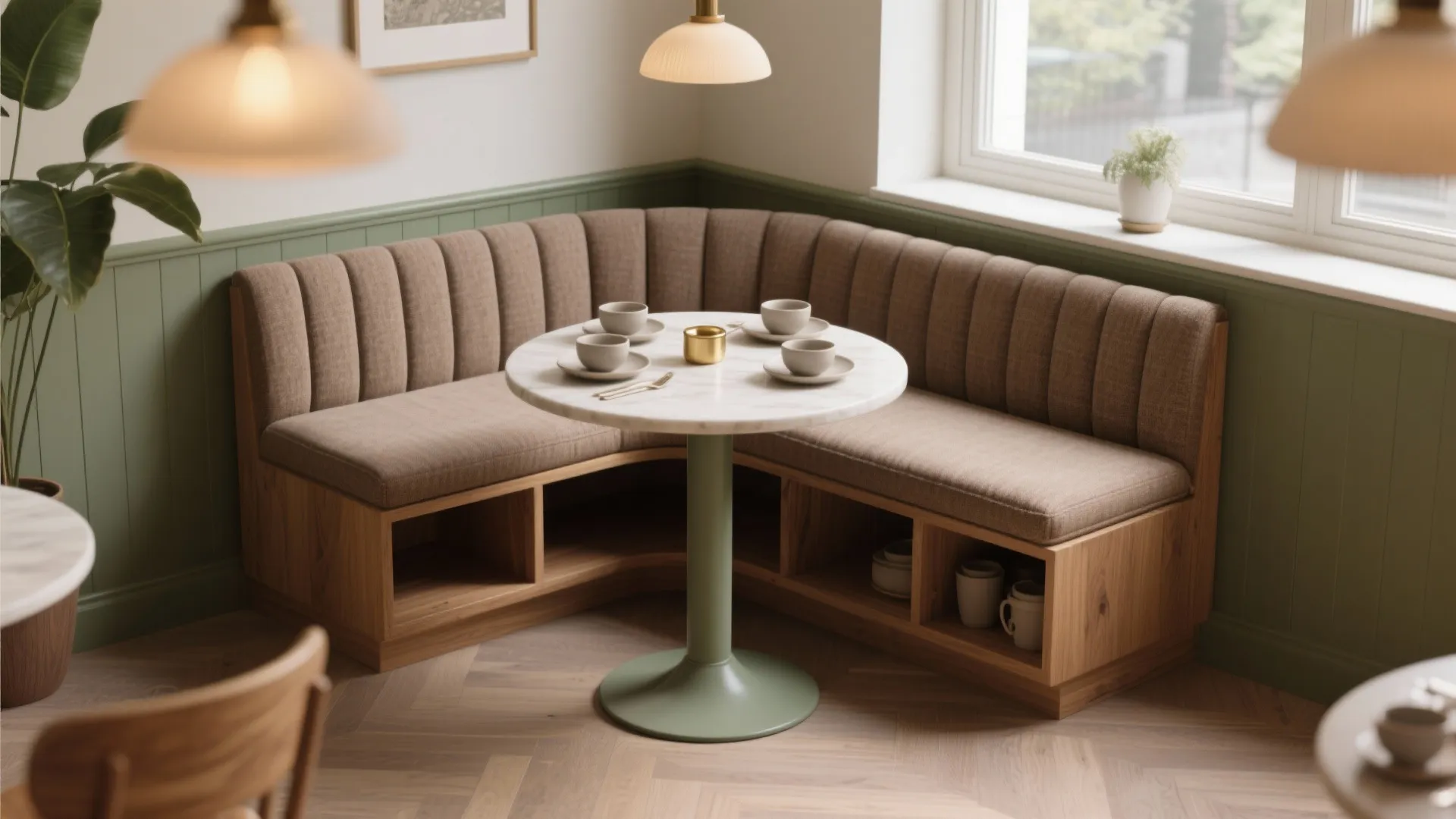 Storage banquette in a cozy corner