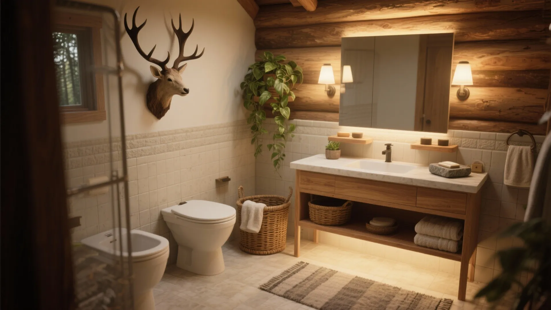 Rustic cabin bathroom with wood log walls and deer head decor plus a wooden vanity unit