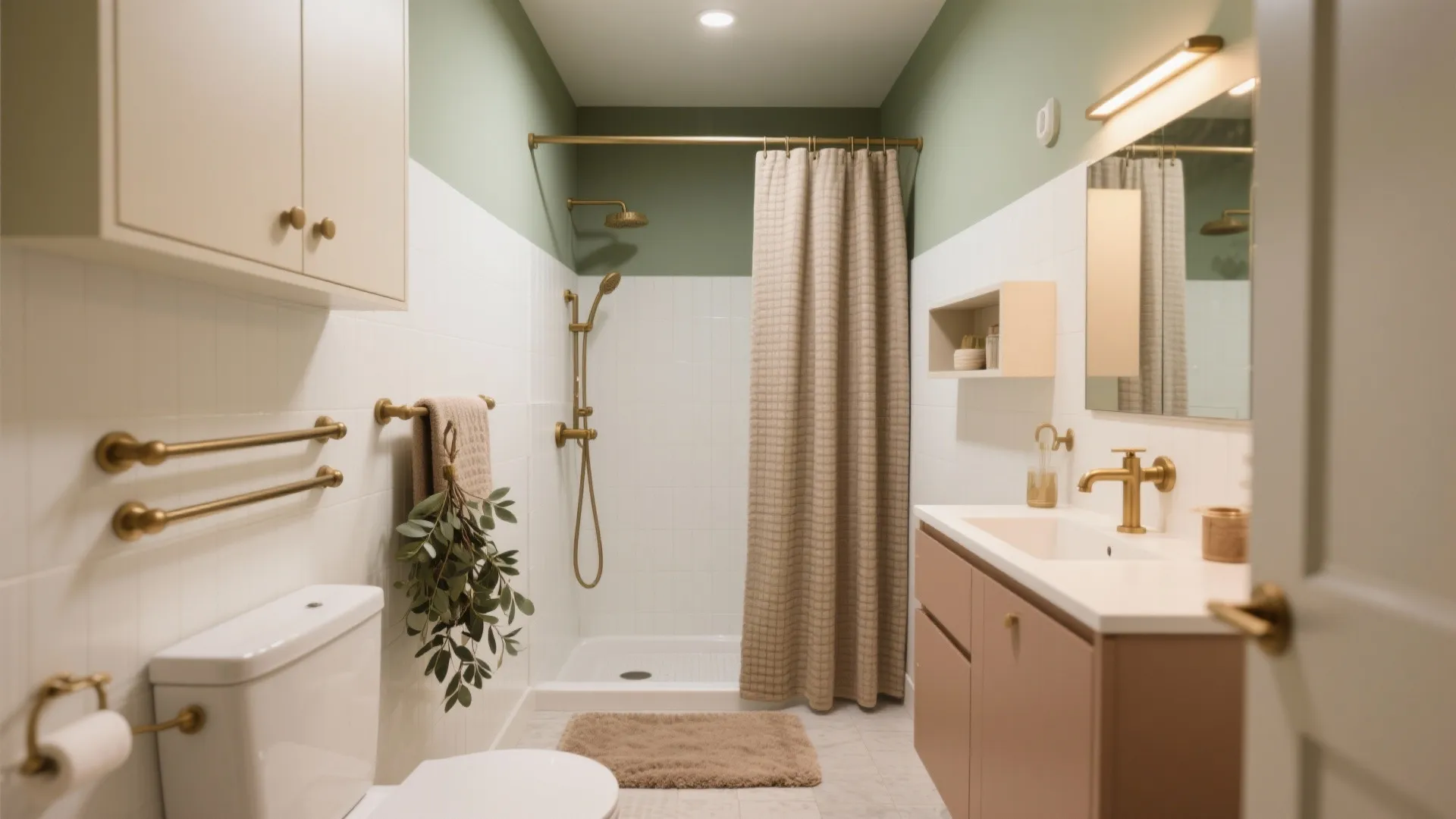 Warm, clutter-free tiny bathroom with brass accents, heated rail, and waffle curtain.