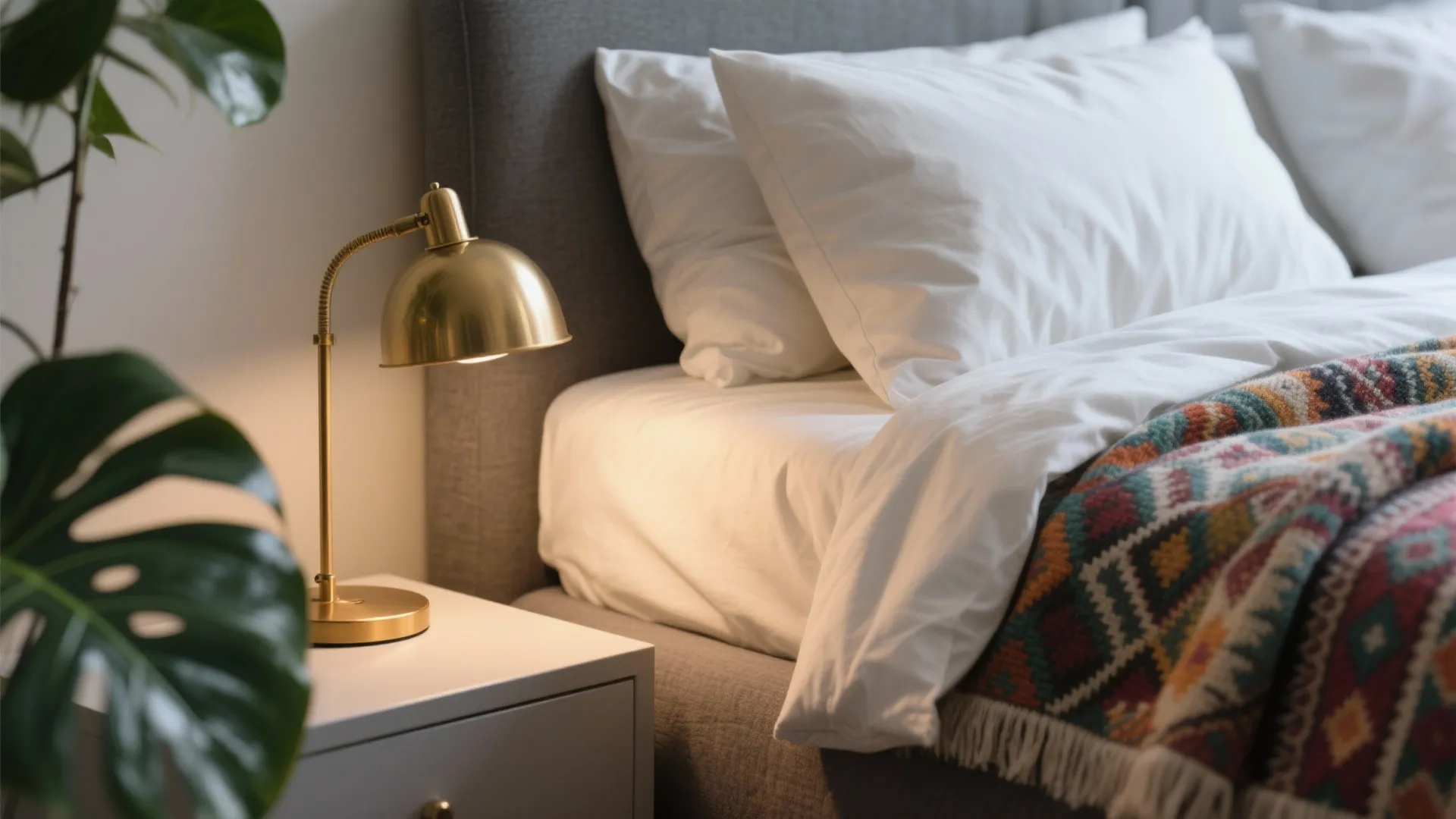 Close-up of layered bedding with white sheets, grey duvet, patterned throw and brass lamp.