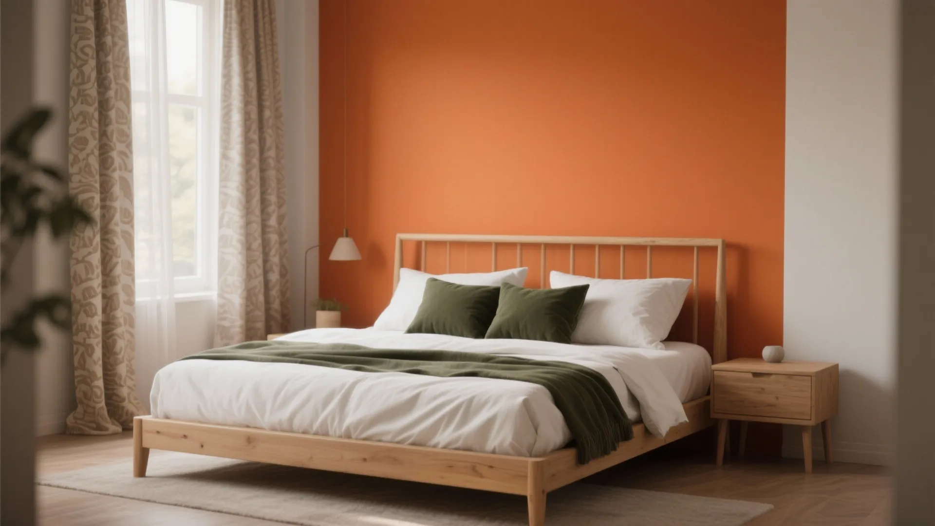 Minimalist bedroom with orange accent wall wooden bed white bedding green pillows and bedside table
