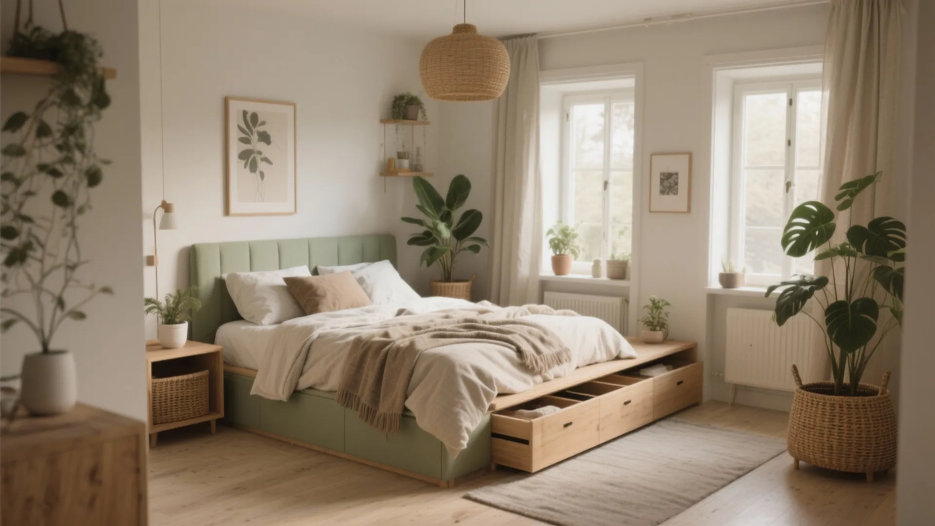 Green bed with wooden storage drawers woven ceiling light green plants wooden floor and windows
