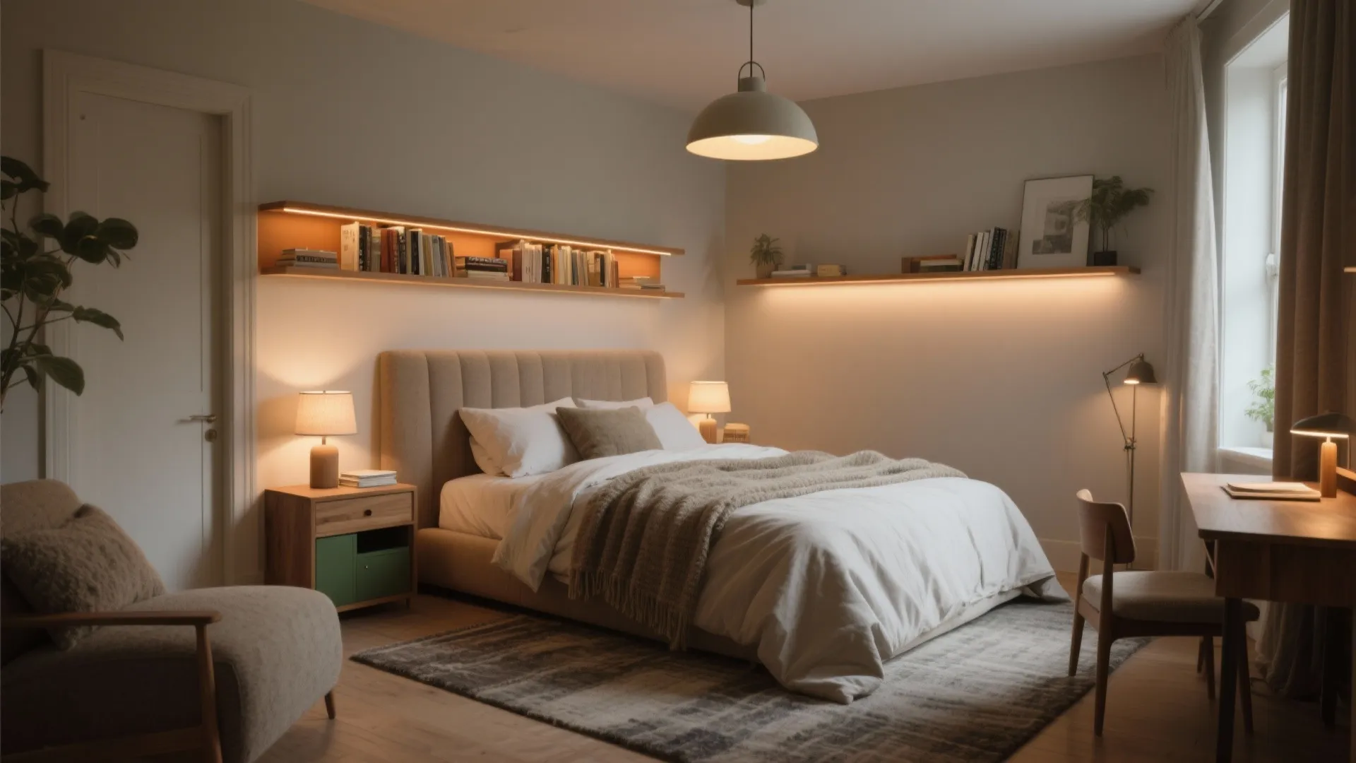 Cozy modern bedroom with soft bed white pillows floating wall shelves ceiling light and desk