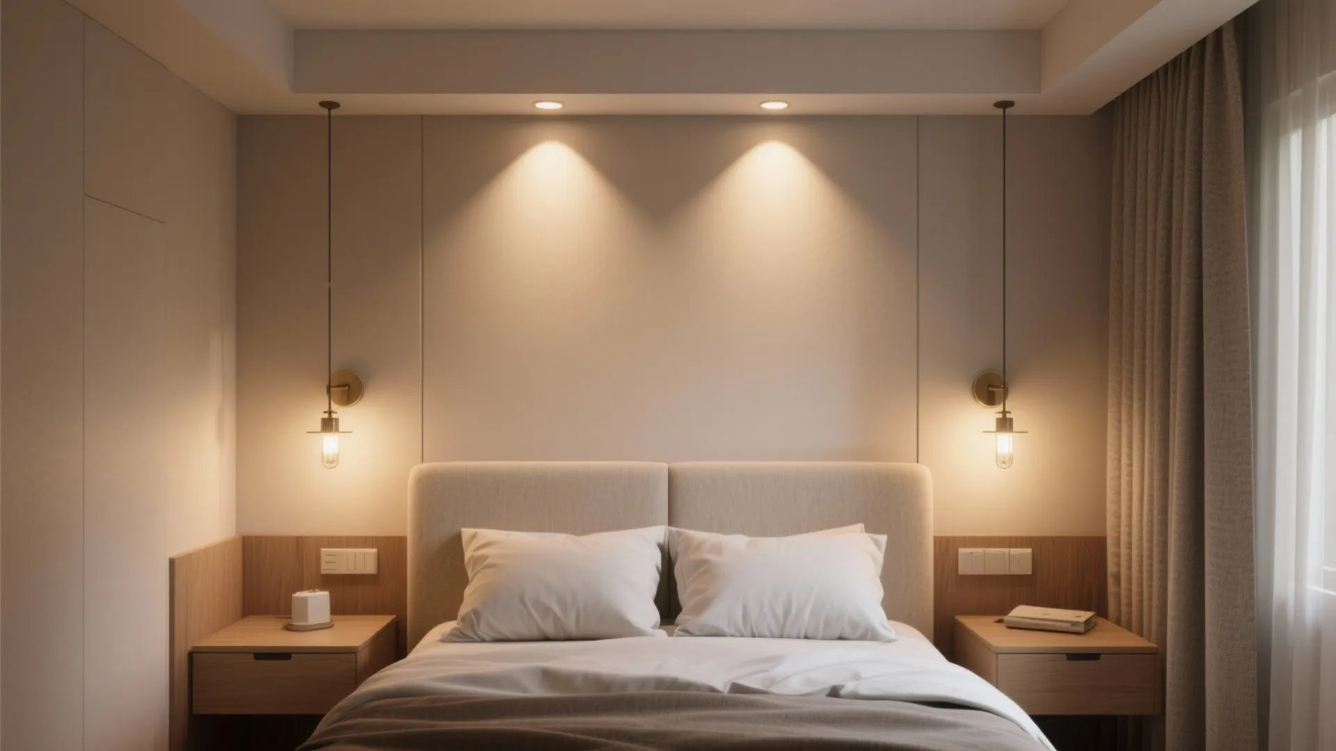 Cozy bedroom interior with beige bed headboard wooden bedside tables and warm hanging light fixtures
