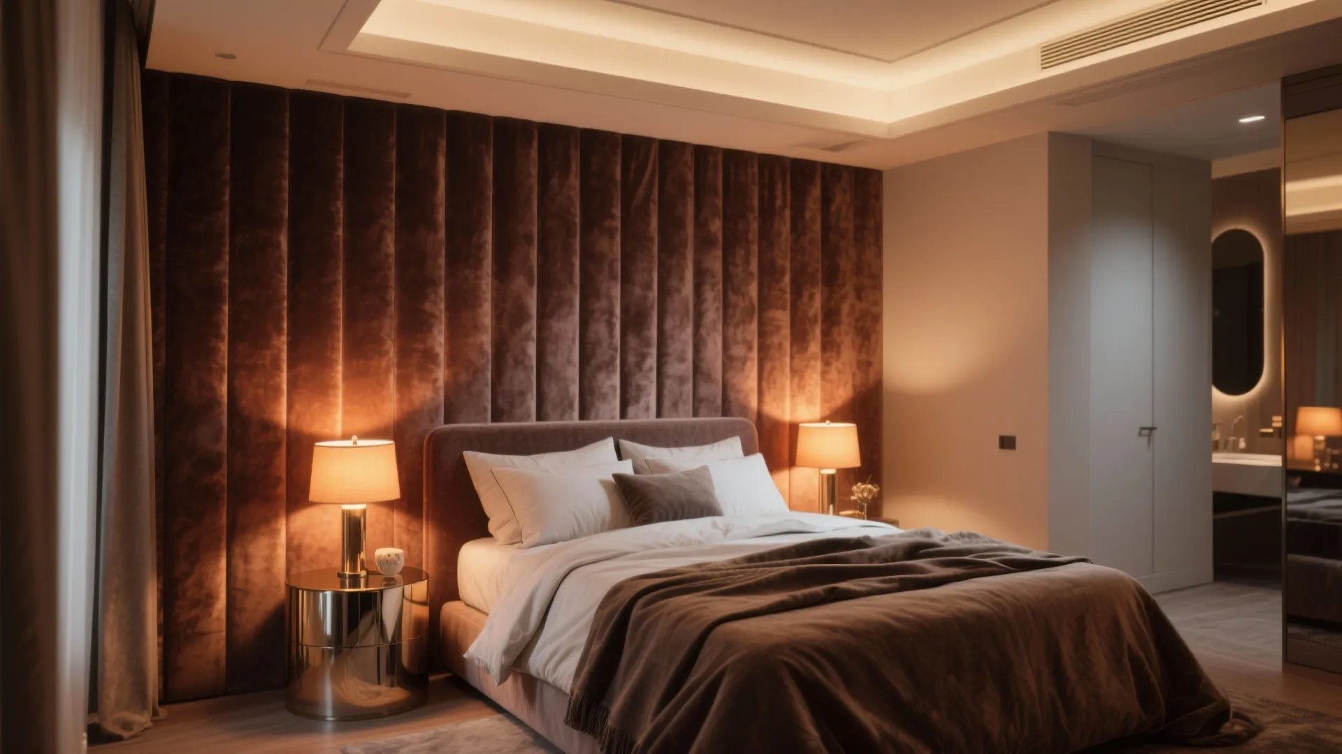 Modern bedroom with large brown velvet wall panel headboard side table lamps and warm lighting