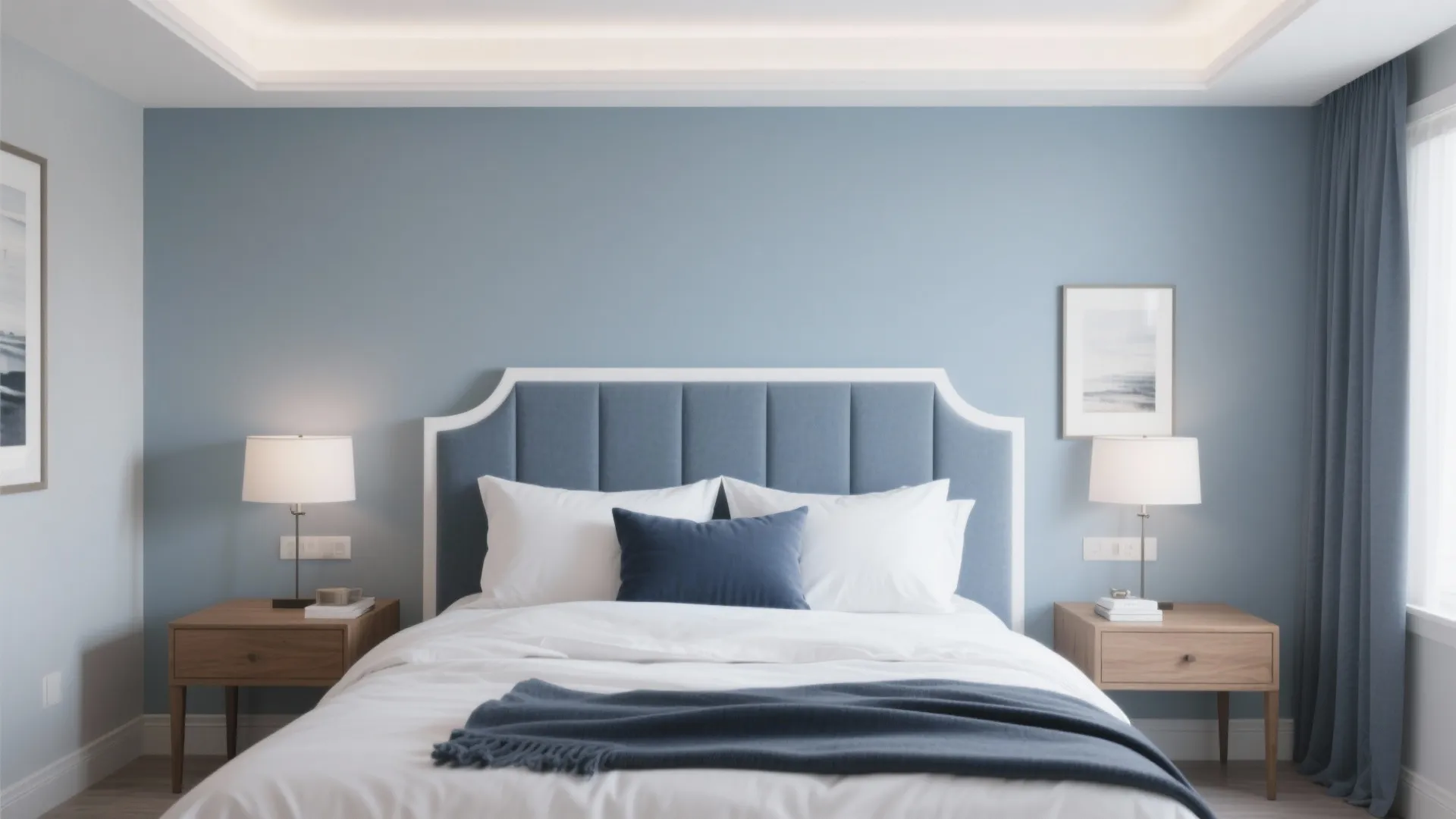 Modern blue bedroom with white bedding wooden nightstands table lamps curtain and light blue walls