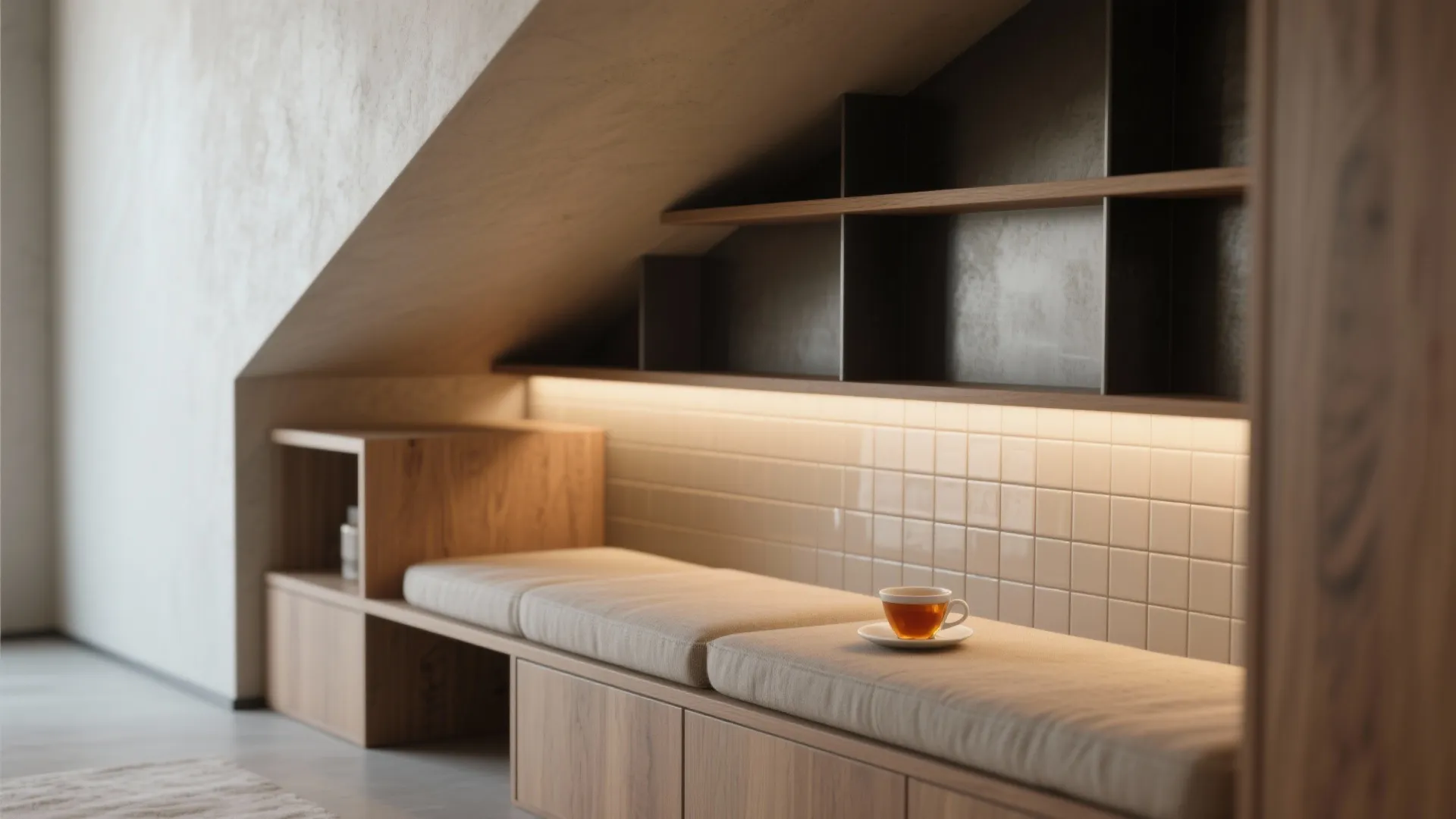 5. Create a cozy micro-zone with angled shelving or a bench