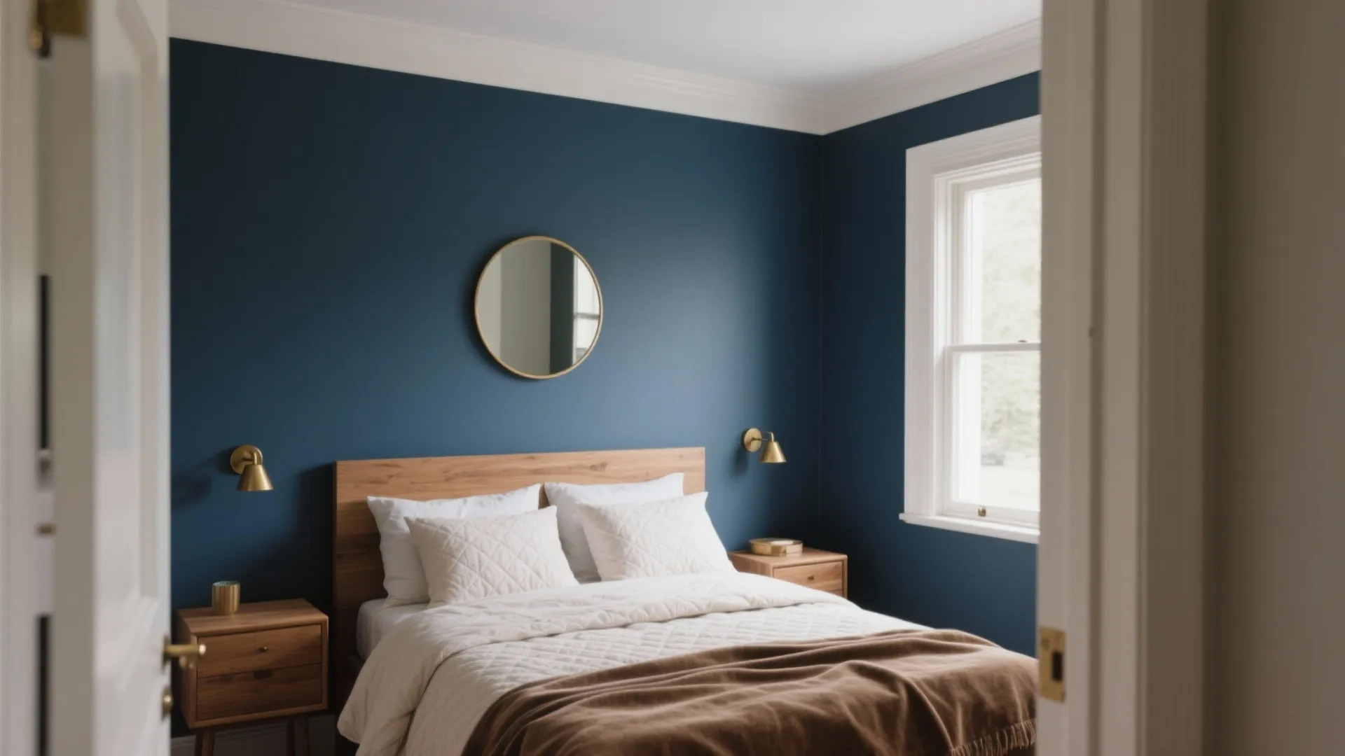 Cozy bedroom with blue walls wooden headboard white bedding brown blanket and round wall mirror