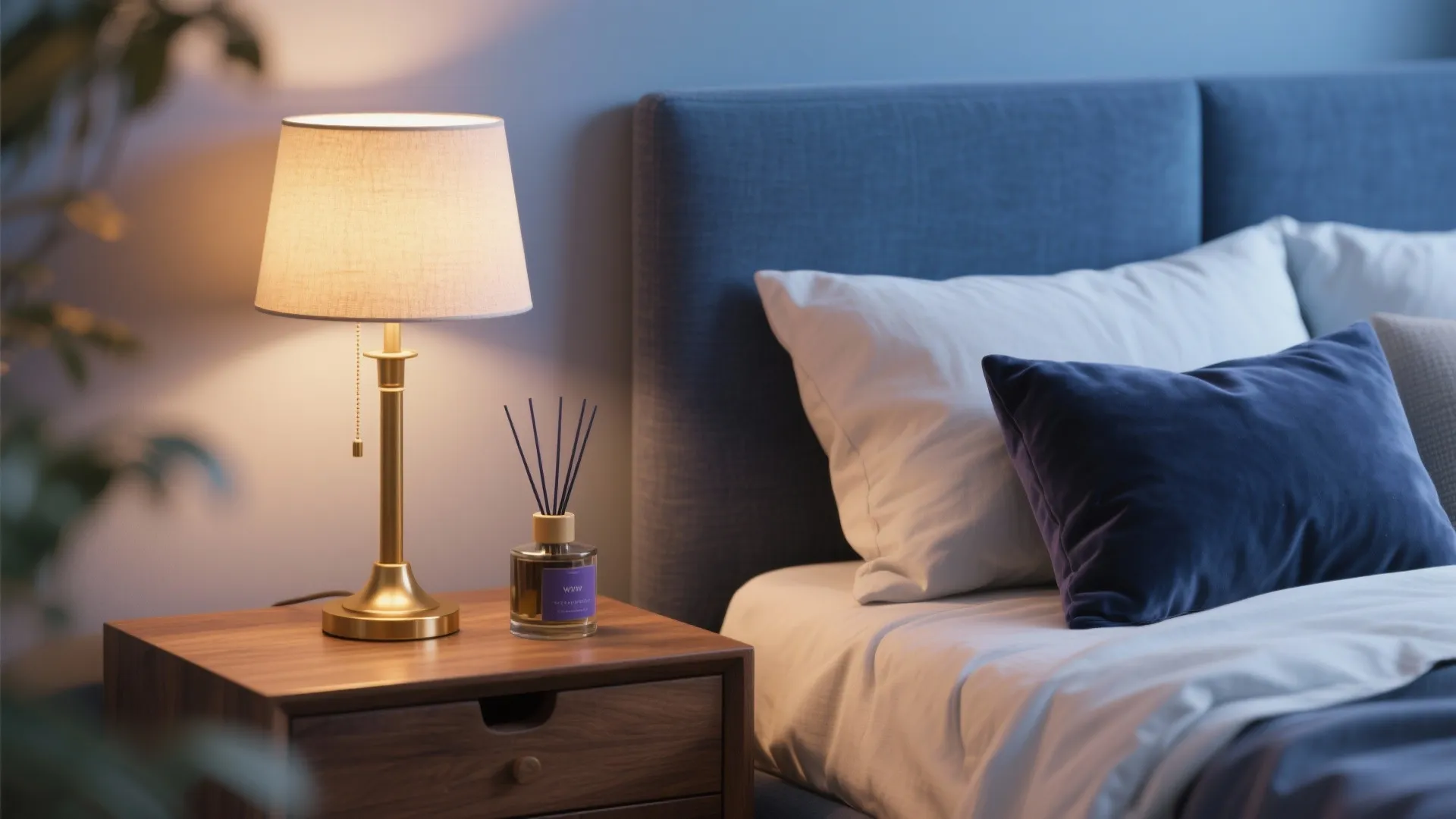 Wooden nightstand with a gold table lamp, reed diffuser, and blue bed in soft lighting