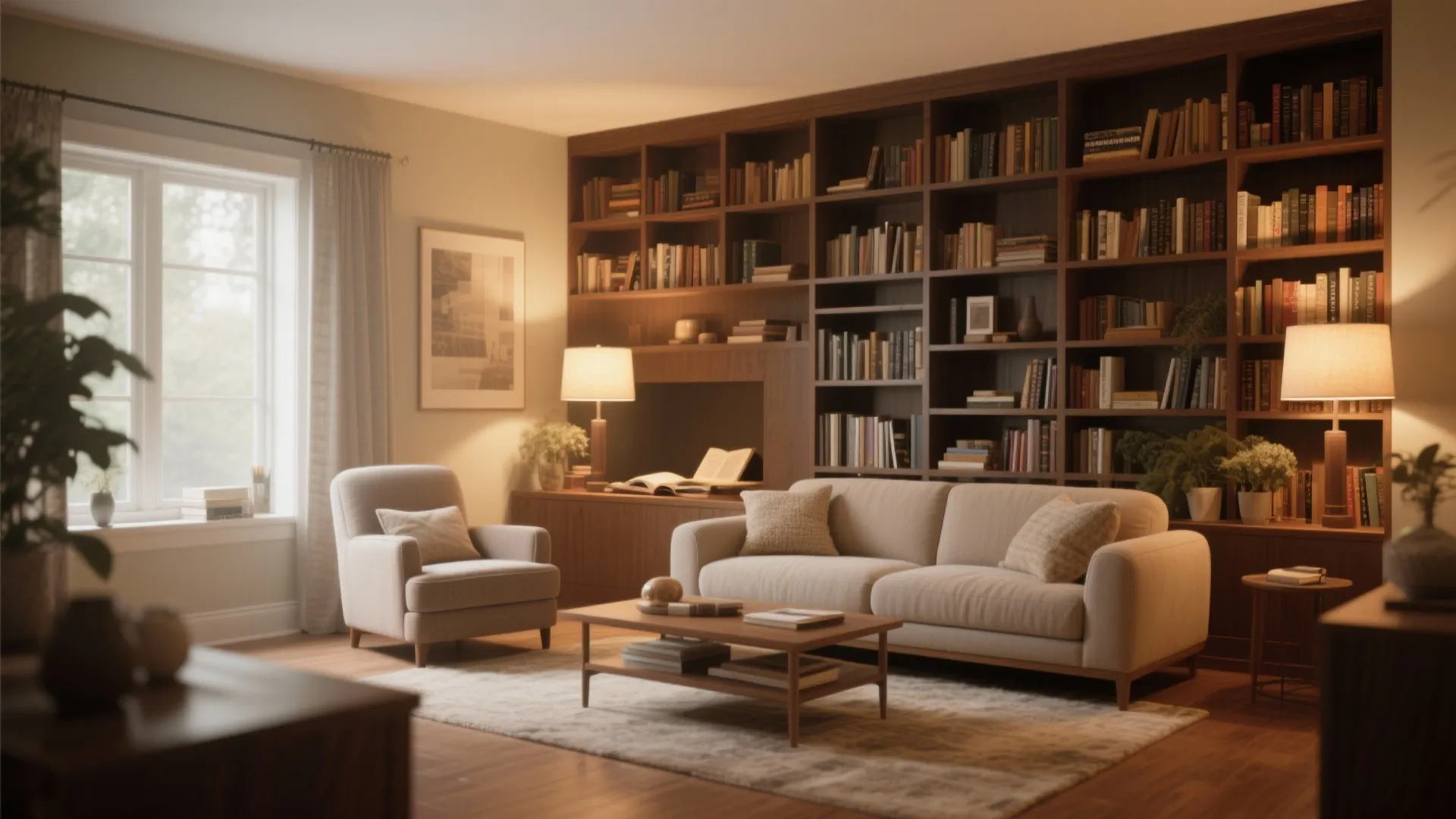 Cozy living room with large wooden wall bookshelf beige sofa armchair coffee table and table lamps